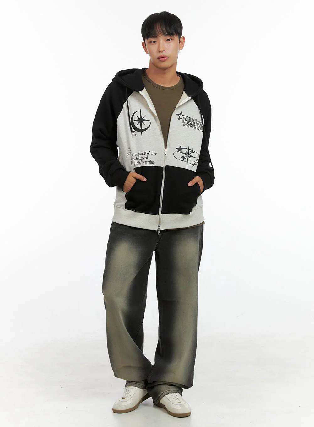 Men's Mixed Color Graphic Zip-Up Cotton Hoodie IS420 - Image 2