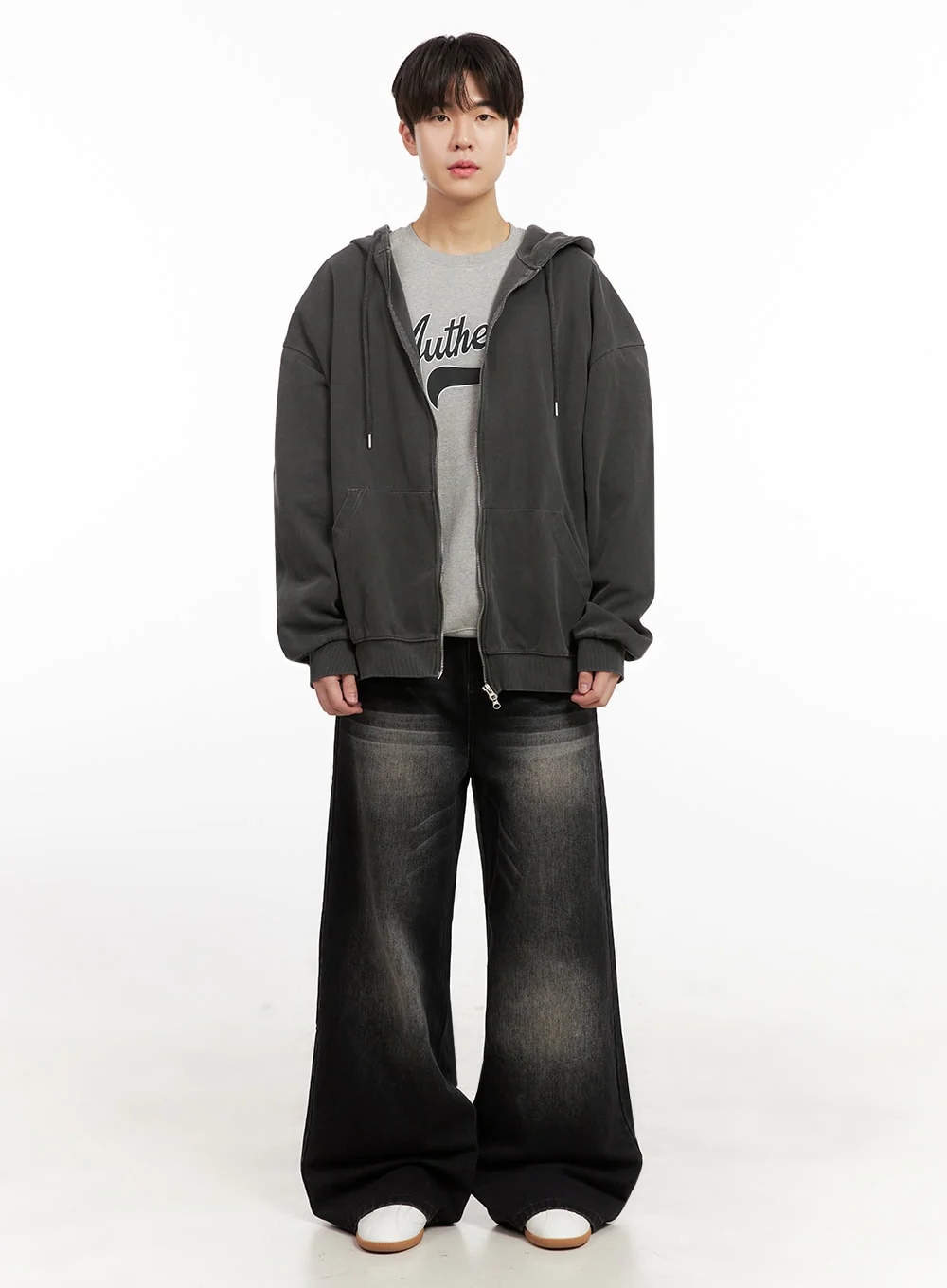 Men's Oversized Washed Zip-Up Hoodie IJ517 - Image 2