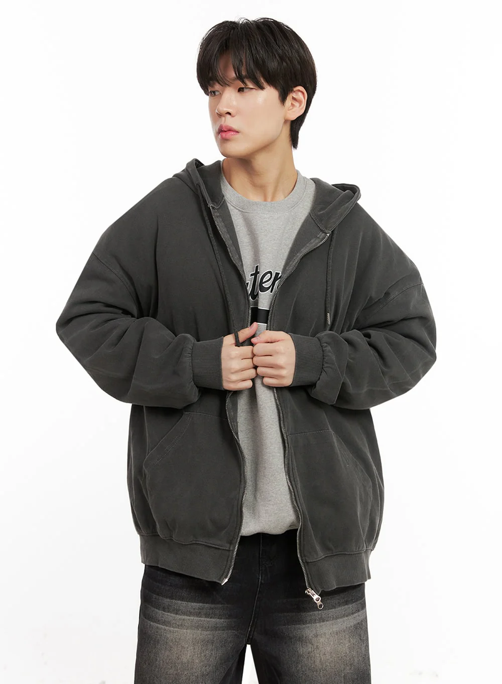 Men's Oversized Washed Zip-Up Hoodie IJ517 - Image 4