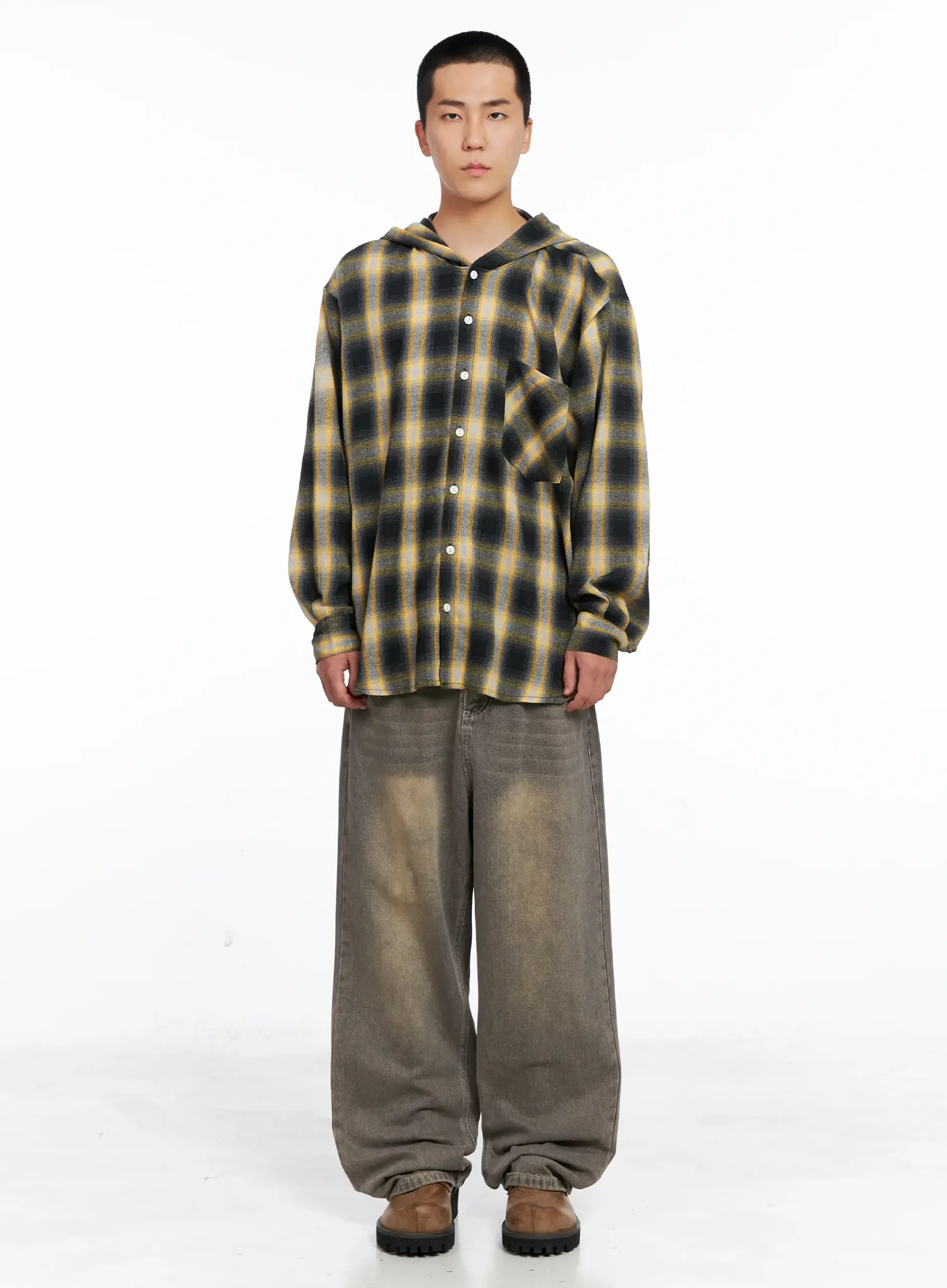 Men's Plaid Flannel Hooded Shirt IG529 - Image 3