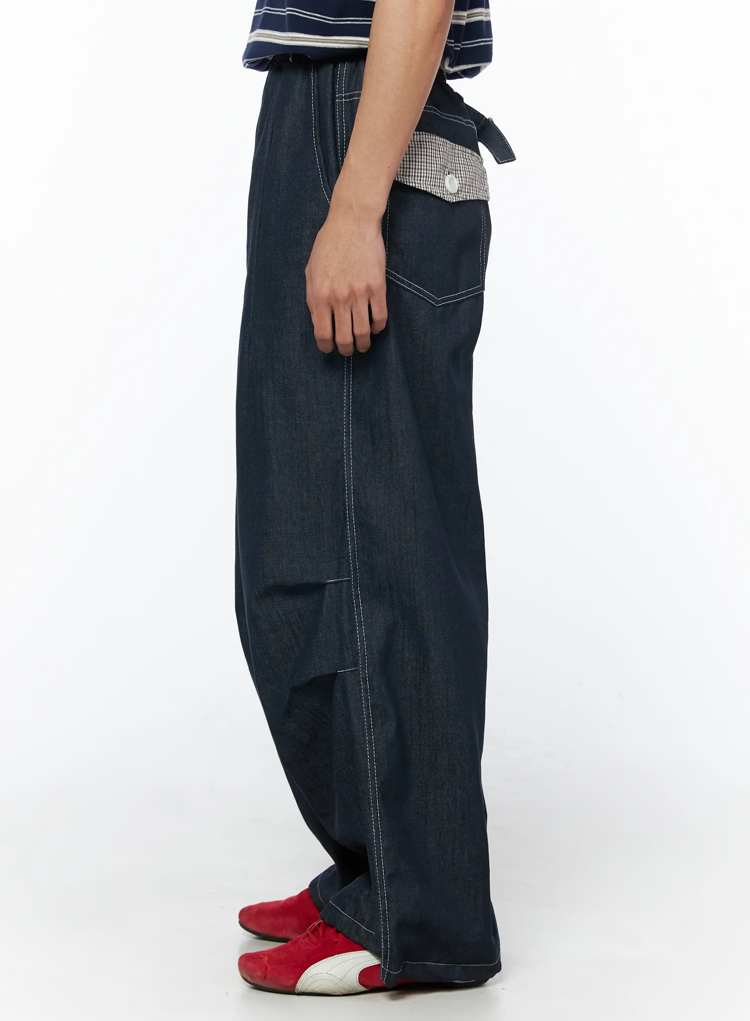 Men's Plaid Pocket Drawstring Jeans (Dark Blue) IU510 - Image 6