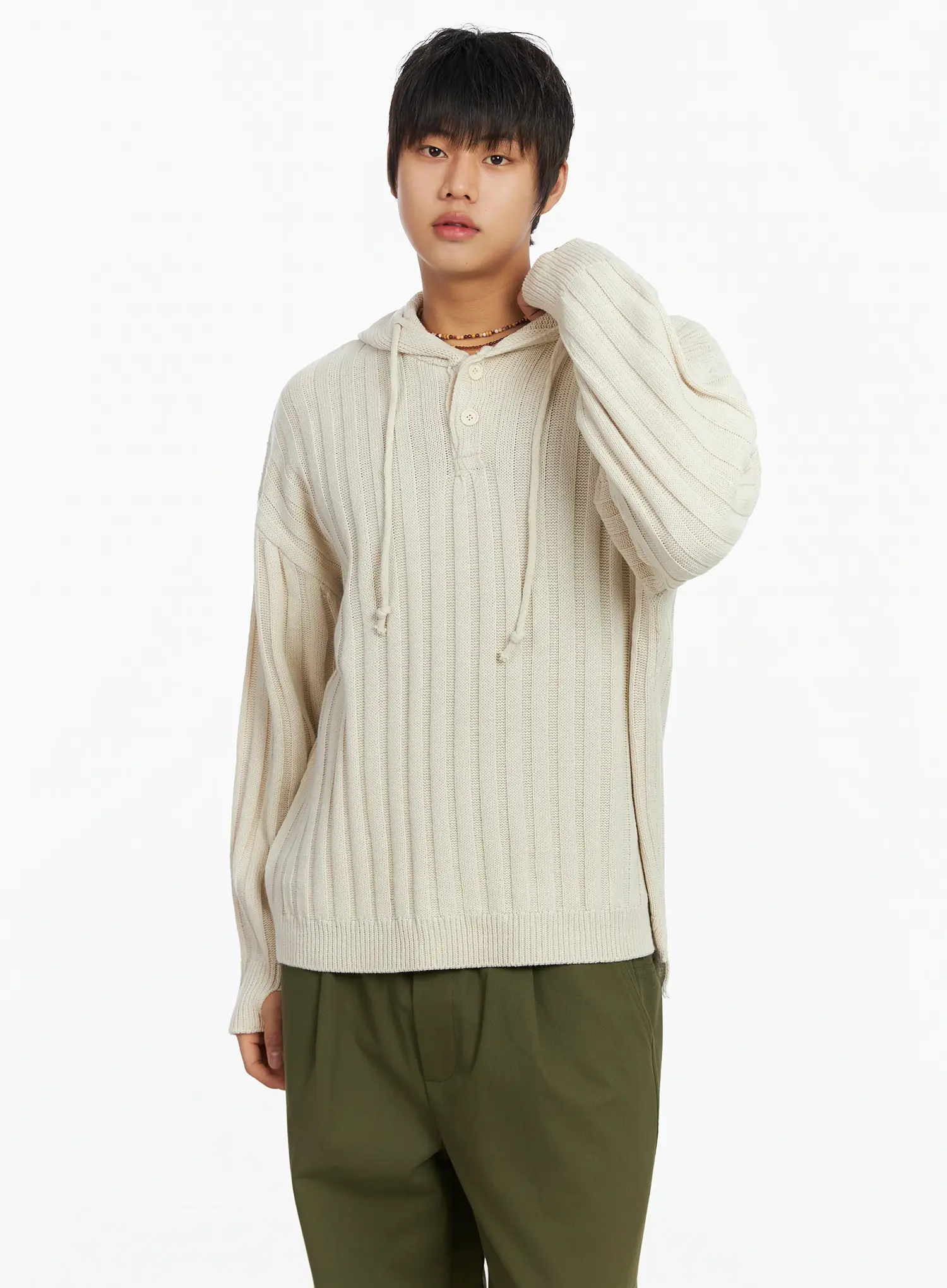 Men's Ribbed Knit Thumbhole Hoodie IJ527 - Image 7