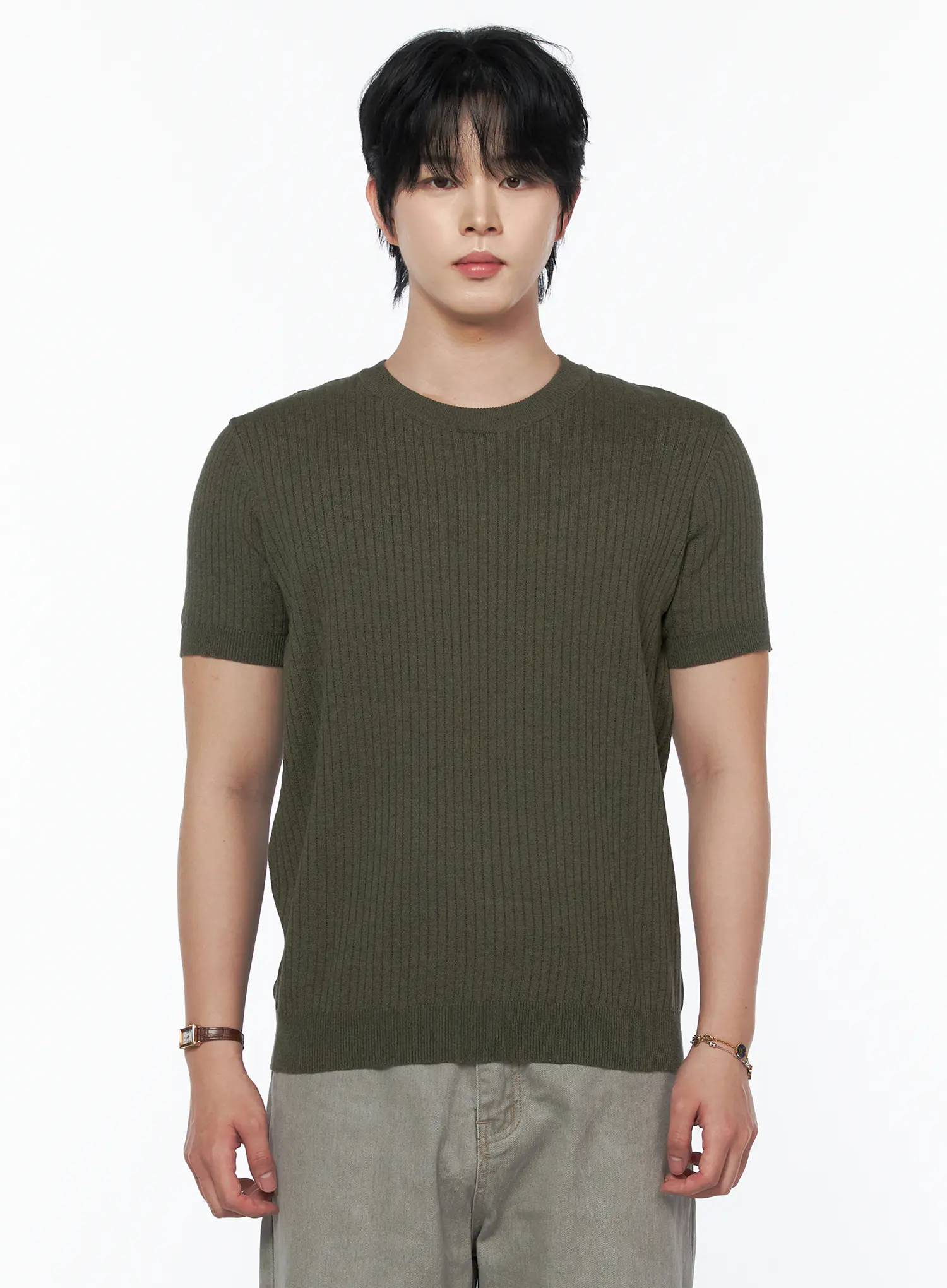 Men's Ribbed Slim Fit Knit T-Shirt IU523 - Image 11