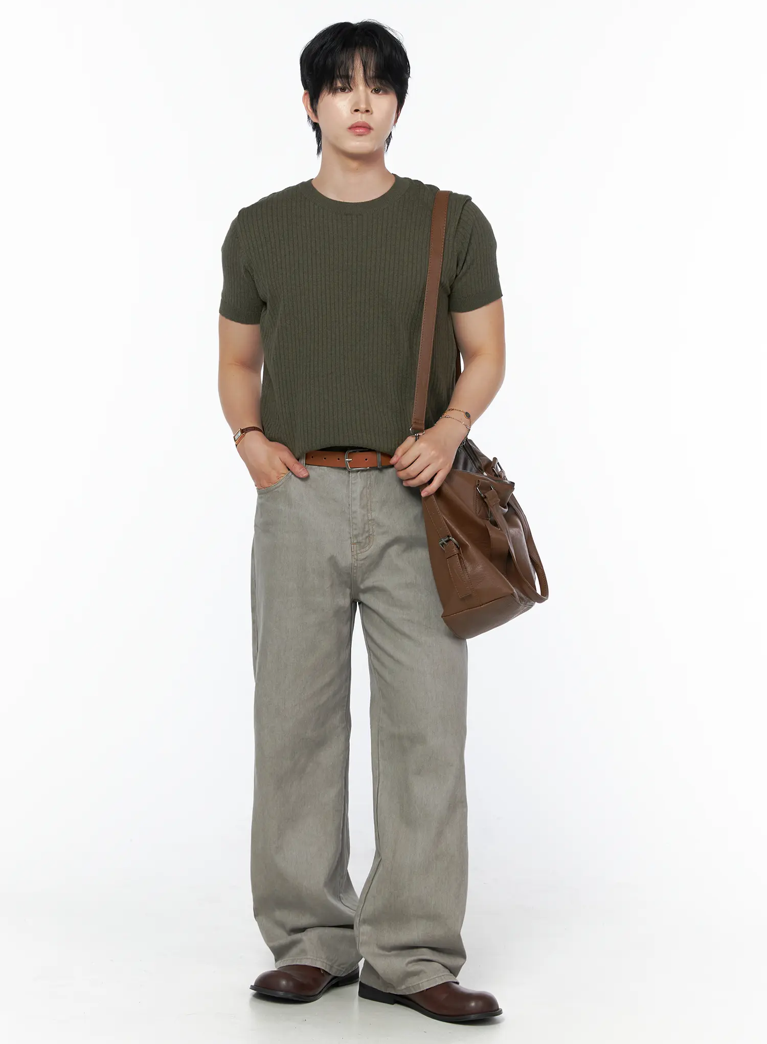 Men's Ribbed Slim Fit Knit T-Shirt IU523 - Image 7