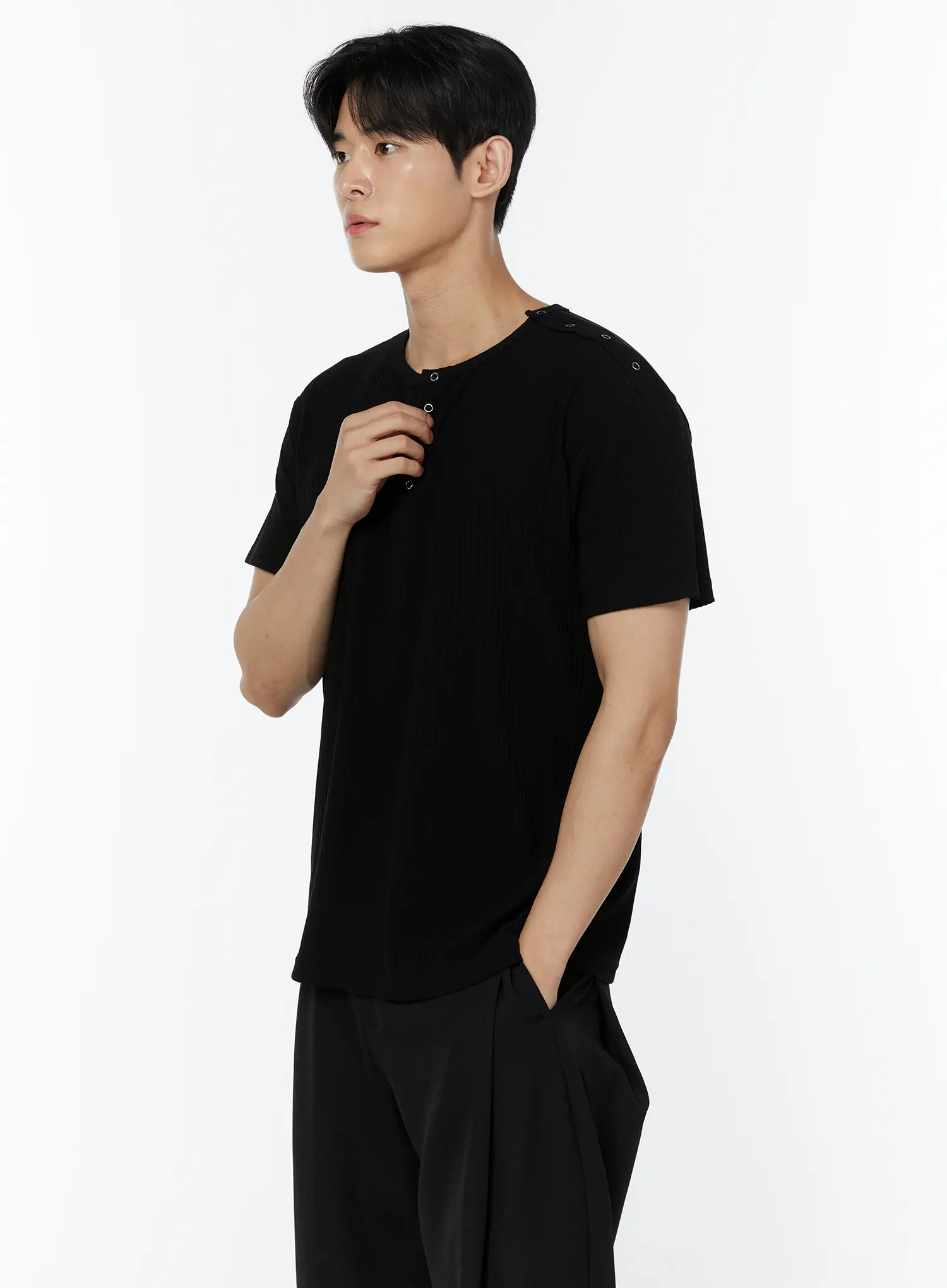 Men's Ribbed Snap Shoulder Henley T-Shirt IU508 - Image 2