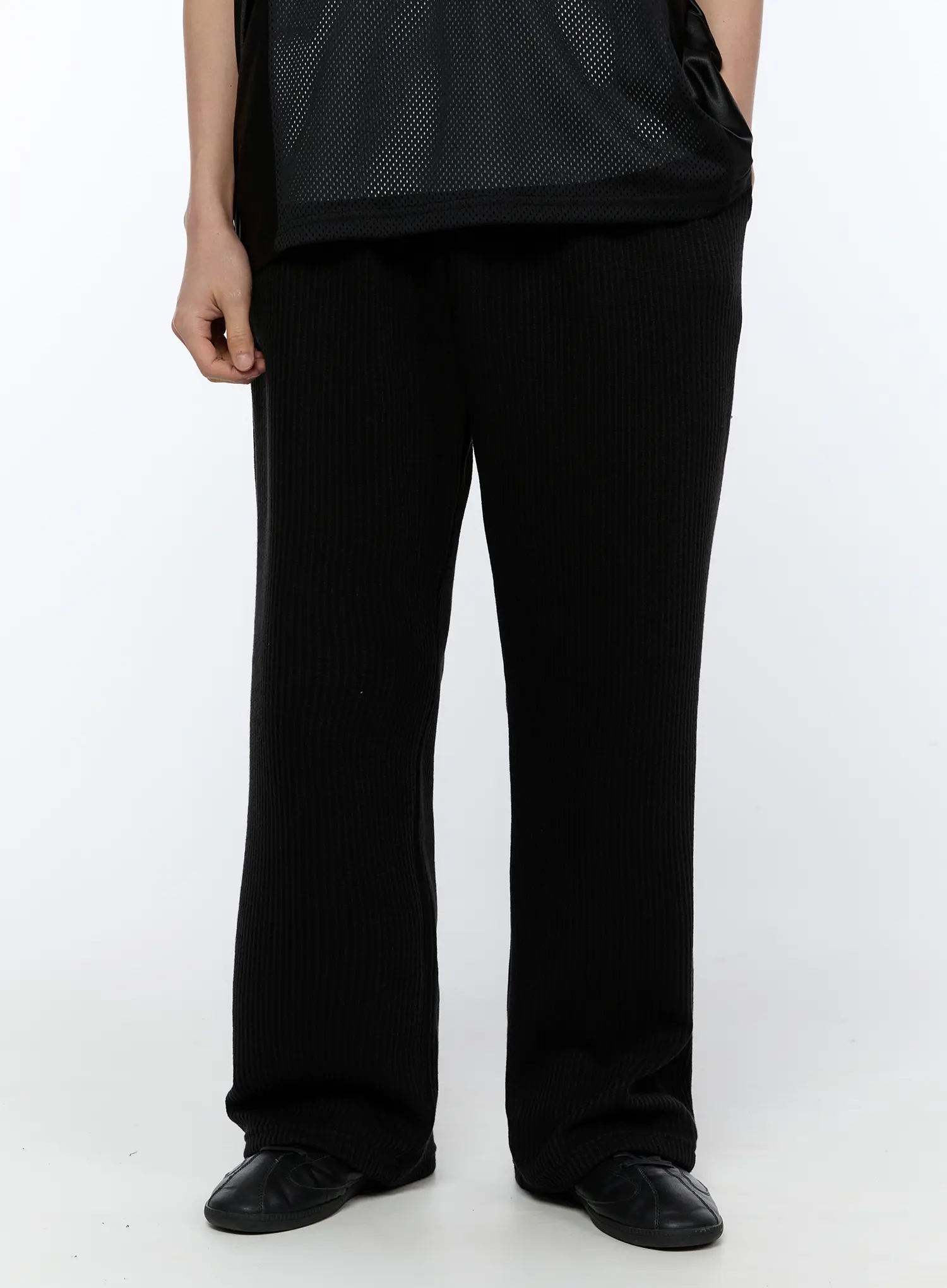 Men's Ribbed Wide-Leg Sweatpants (Black) IA517 - Image 2