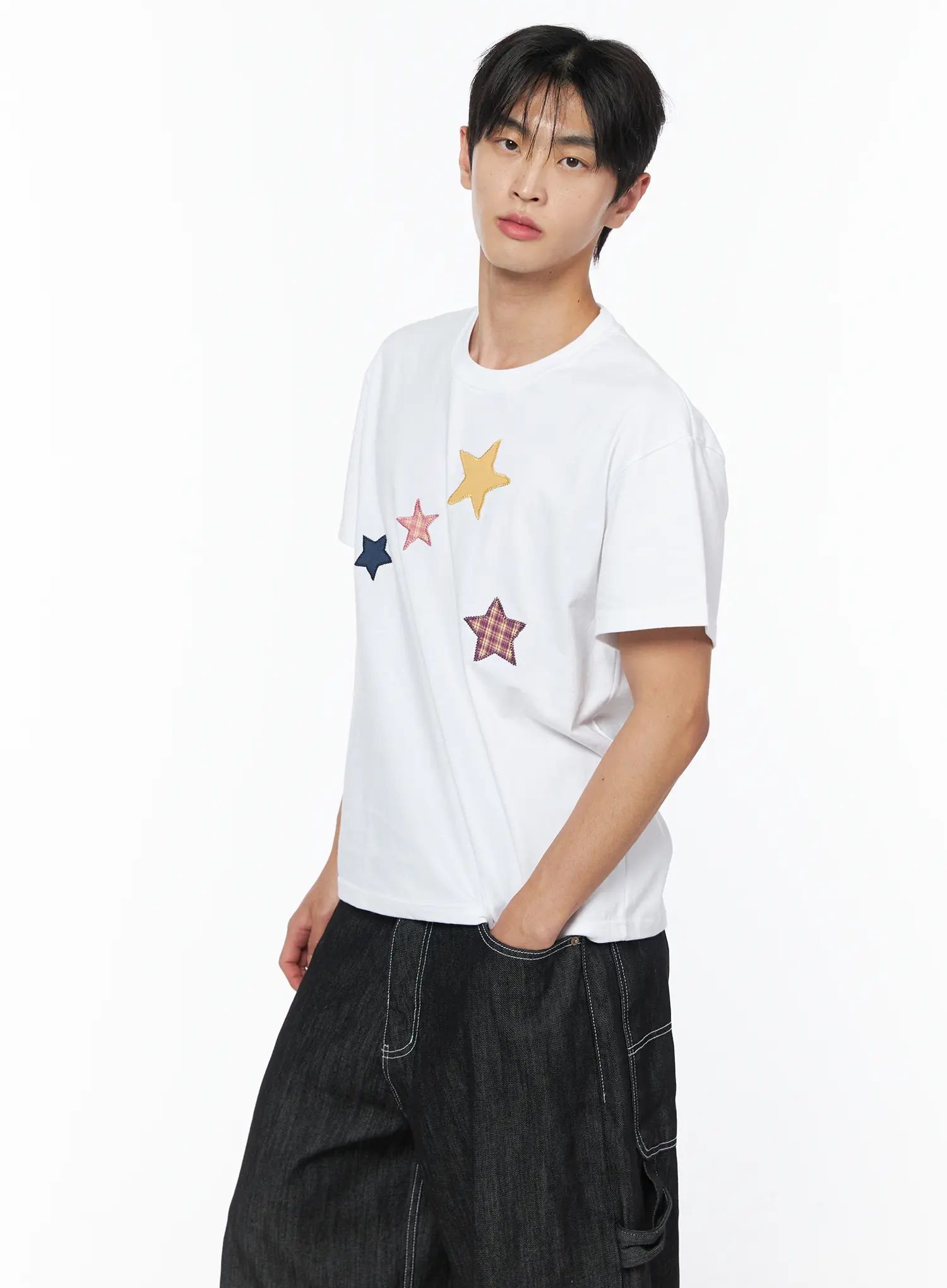 Men's Star Embroidered Basic Tee IU510 - Image 7