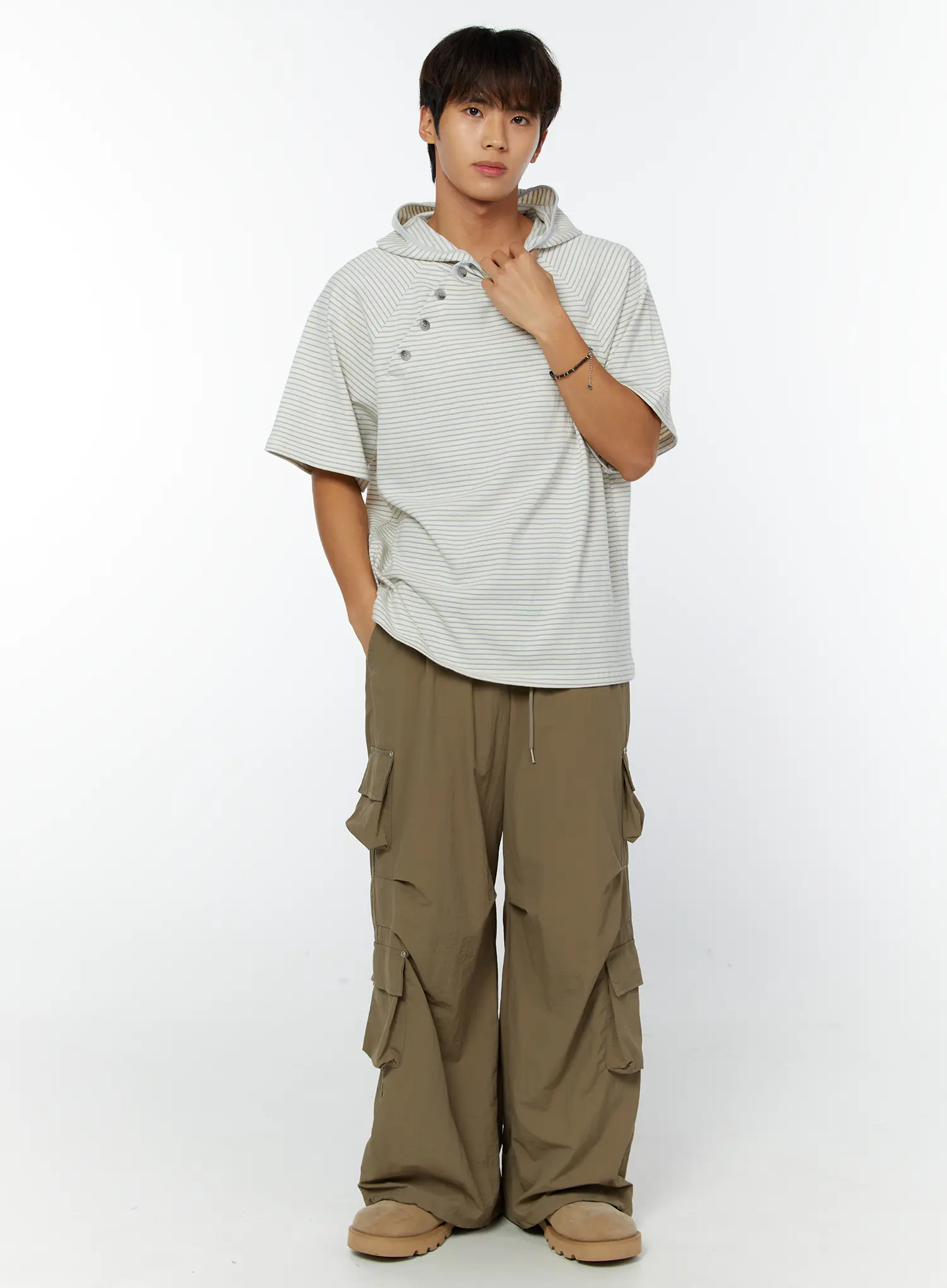 Men's Striped Asymmetric Button Hooded T-Shirt IY508
