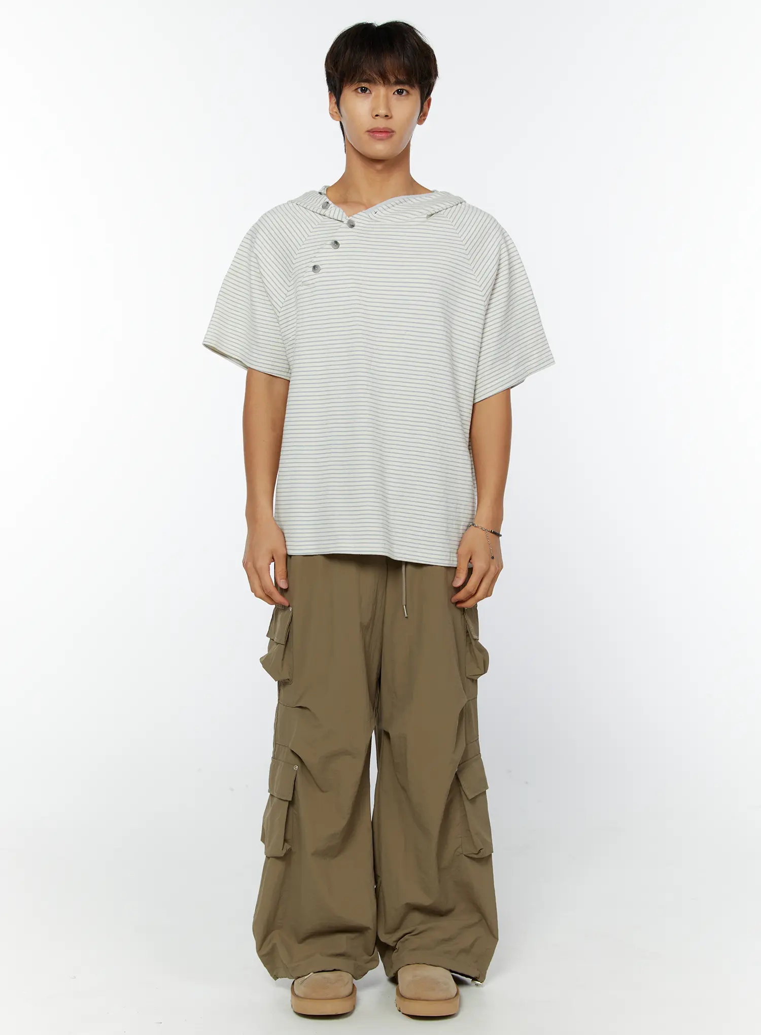 Men's Striped Asymmetric Button Hooded T-Shirt IY508 - Image 3