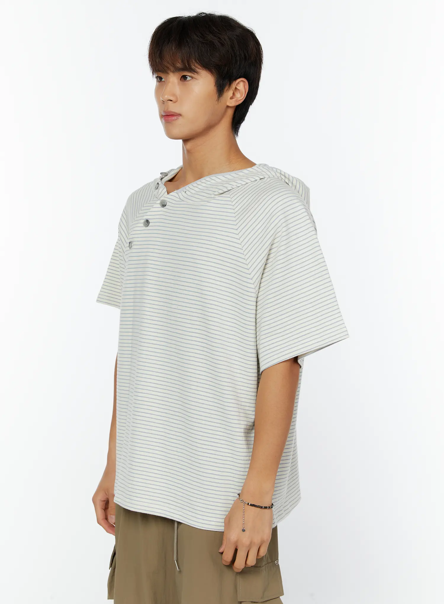 Men's Striped Asymmetric Button Hooded T-Shirt IY508 - Image 4