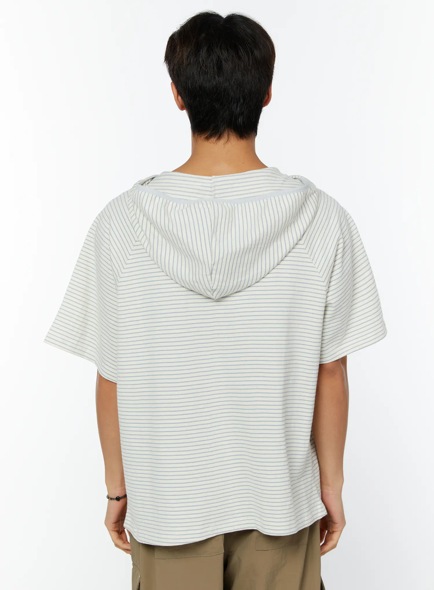 Men's Striped Asymmetric Button Hooded T-Shirt IY508 - Image 5