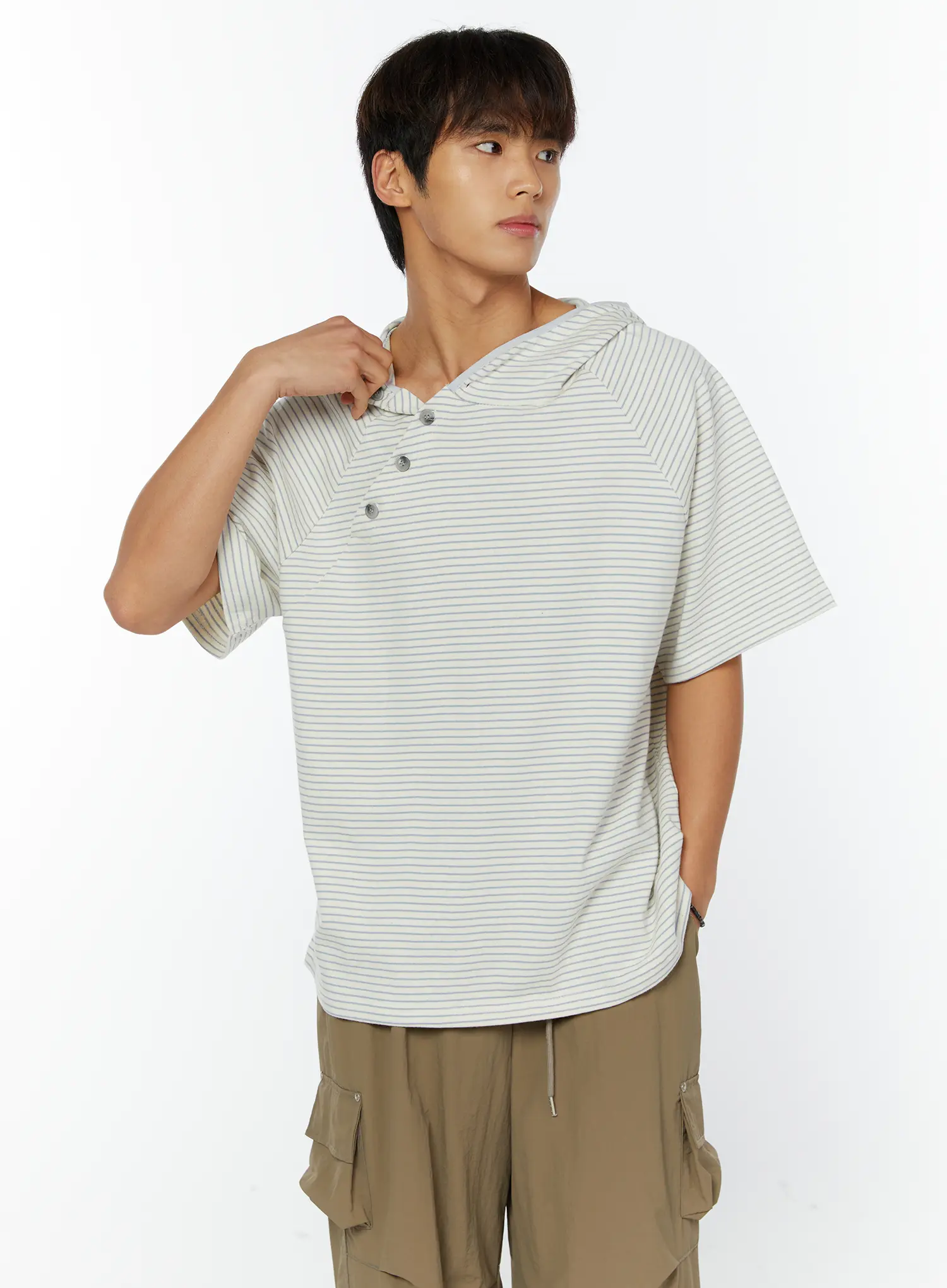 Men's Striped Asymmetric Button Hooded T-Shirt IY508 - Image 6