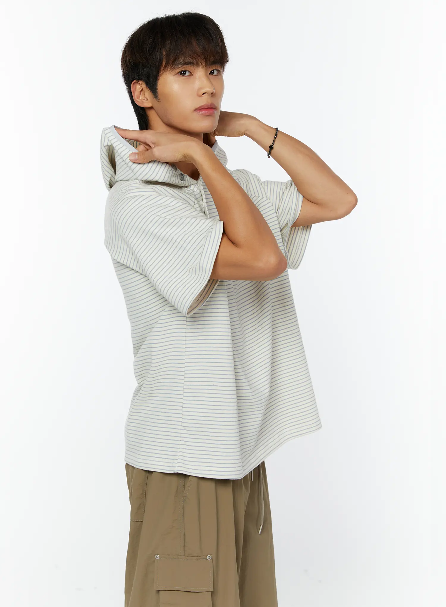 Men's Striped Asymmetric Button Hooded T-Shirt IY508 - Image 7