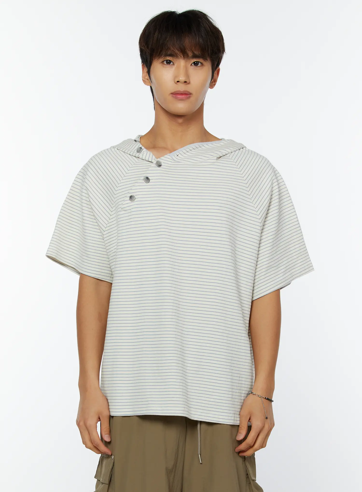 Men's Striped Asymmetric Button Hooded T-Shirt IY508 - Image 9