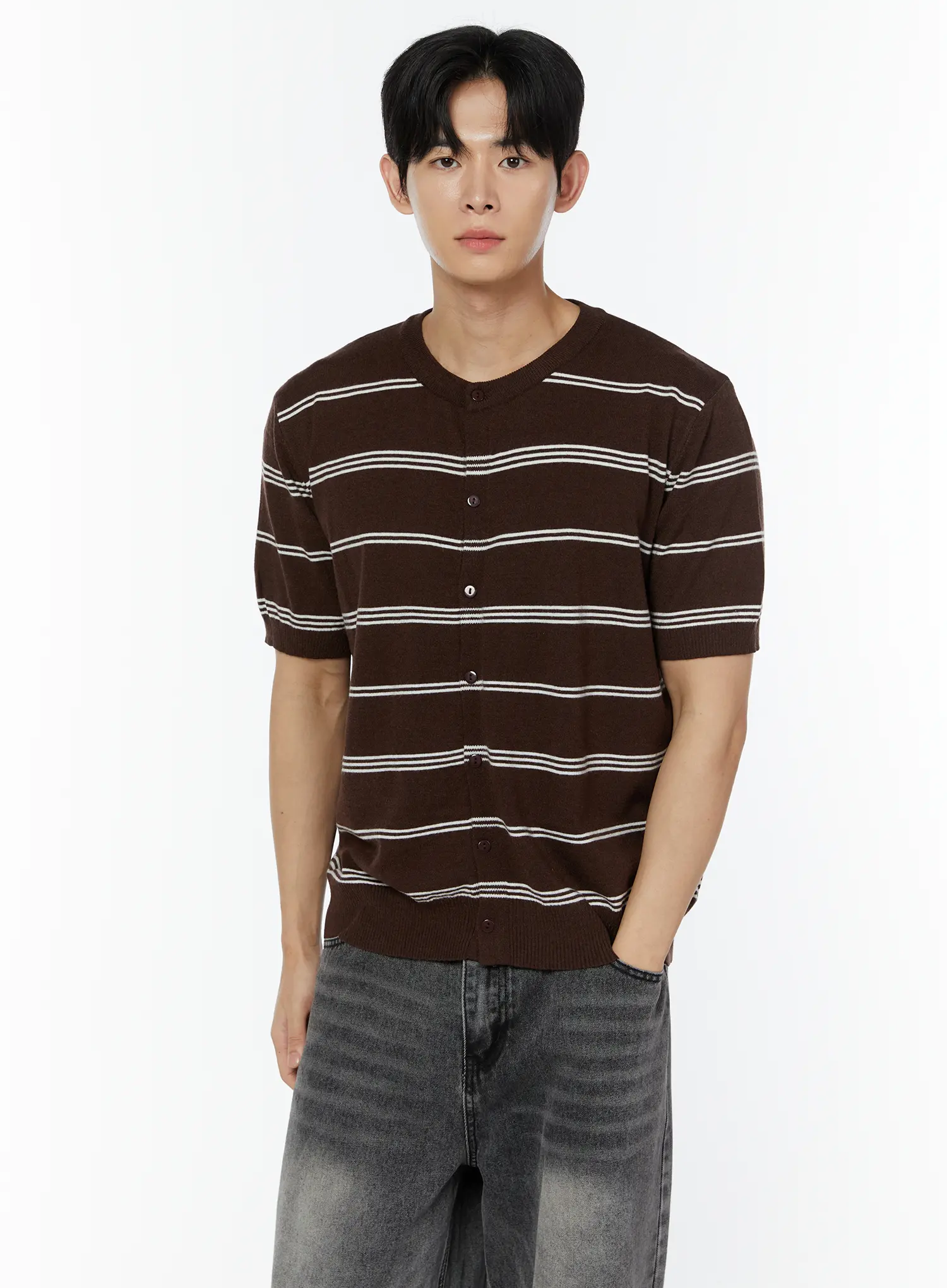 Men's Striped Short Sleeve Cardigan IU504