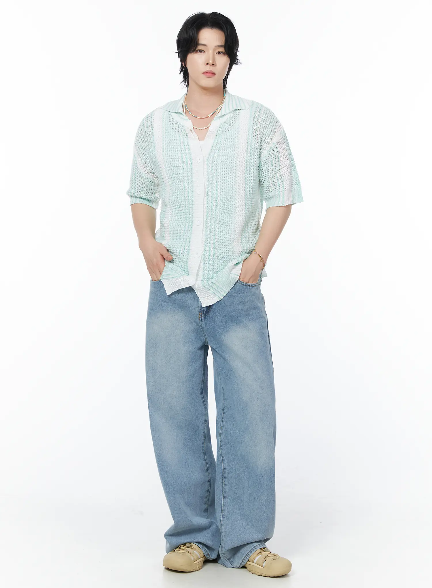 Men's Striped Short Sleeve Knit Cardigan IY525