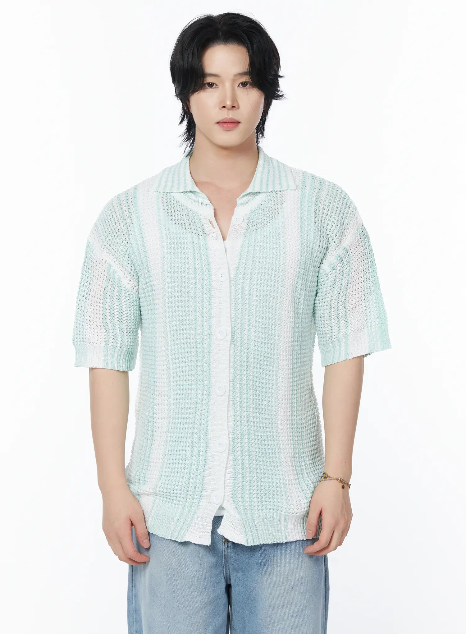 Men's Striped Short Sleeve Knit Cardigan IY525 - Image 10