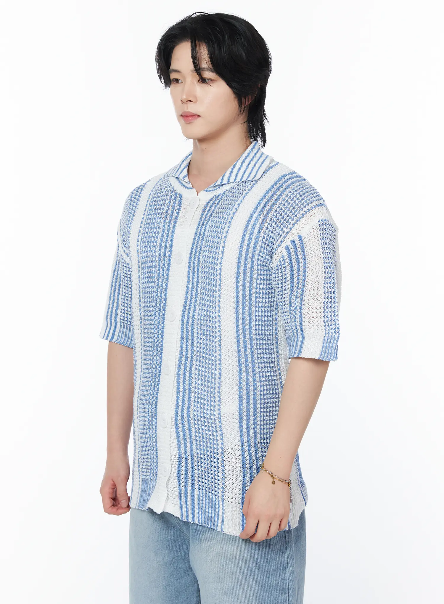 Men's Striped Short Sleeve Knit Cardigan IY525 - Image 4