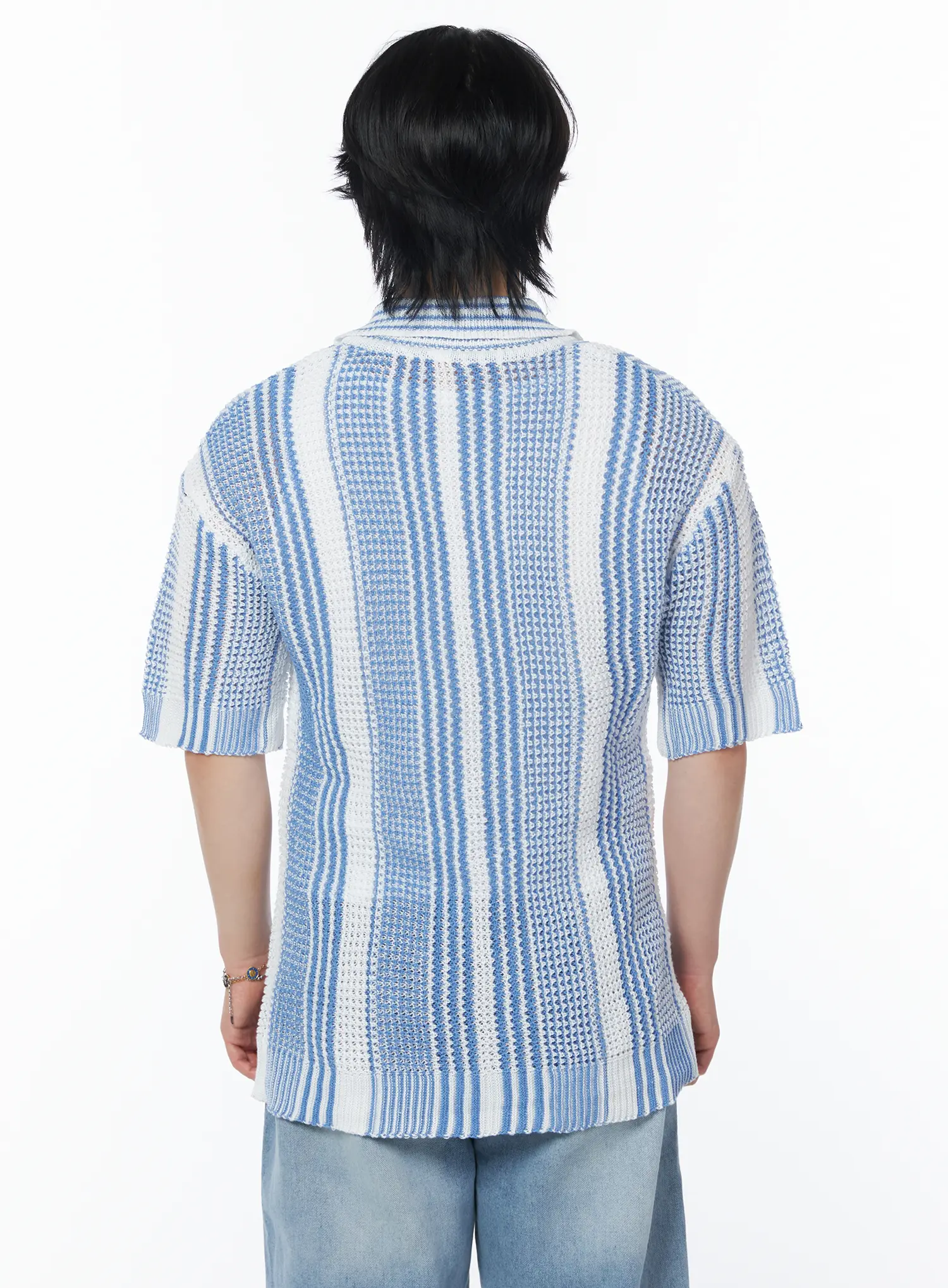 Men's Striped Short Sleeve Knit Cardigan IY525 - Image 5