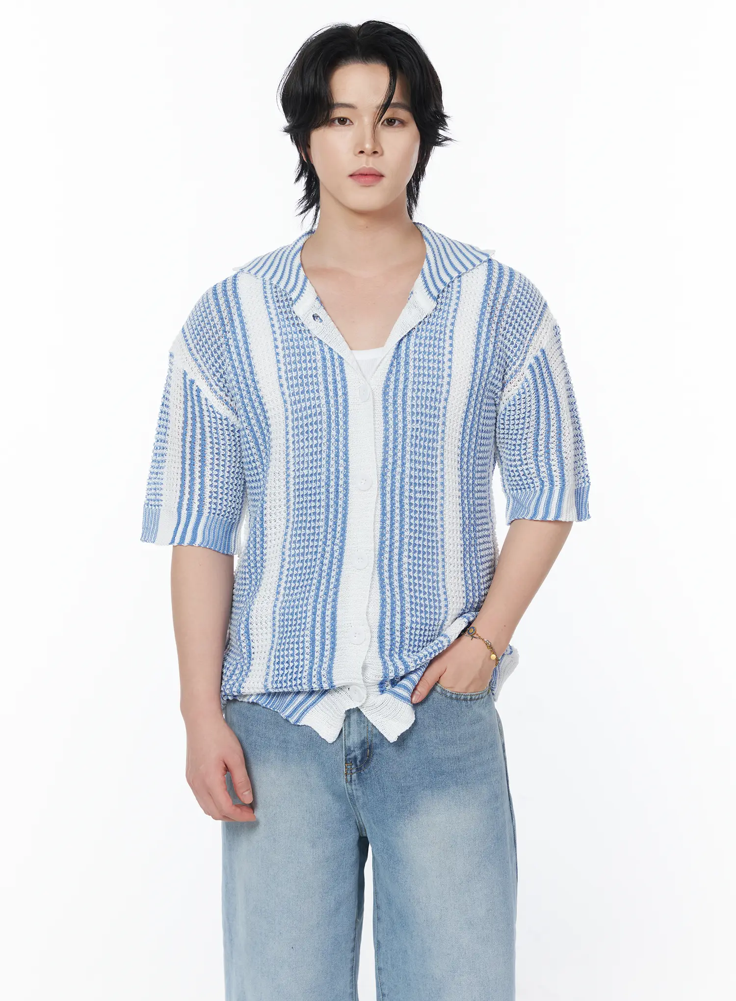 Men's Striped Short Sleeve Knit Cardigan IY525 - Image 6