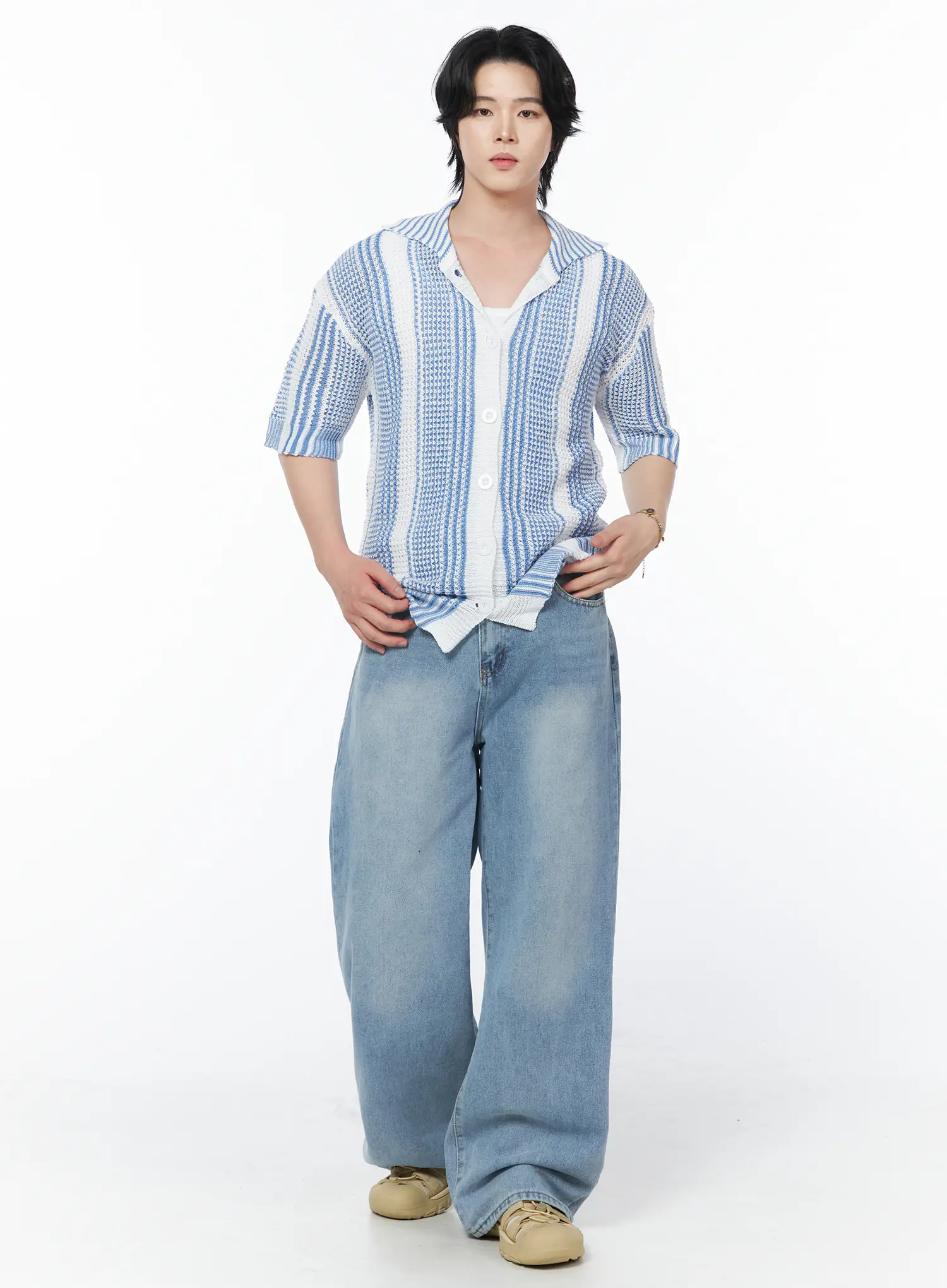 Men's Striped Short Sleeve Knit Cardigan IY525 - Image 7
