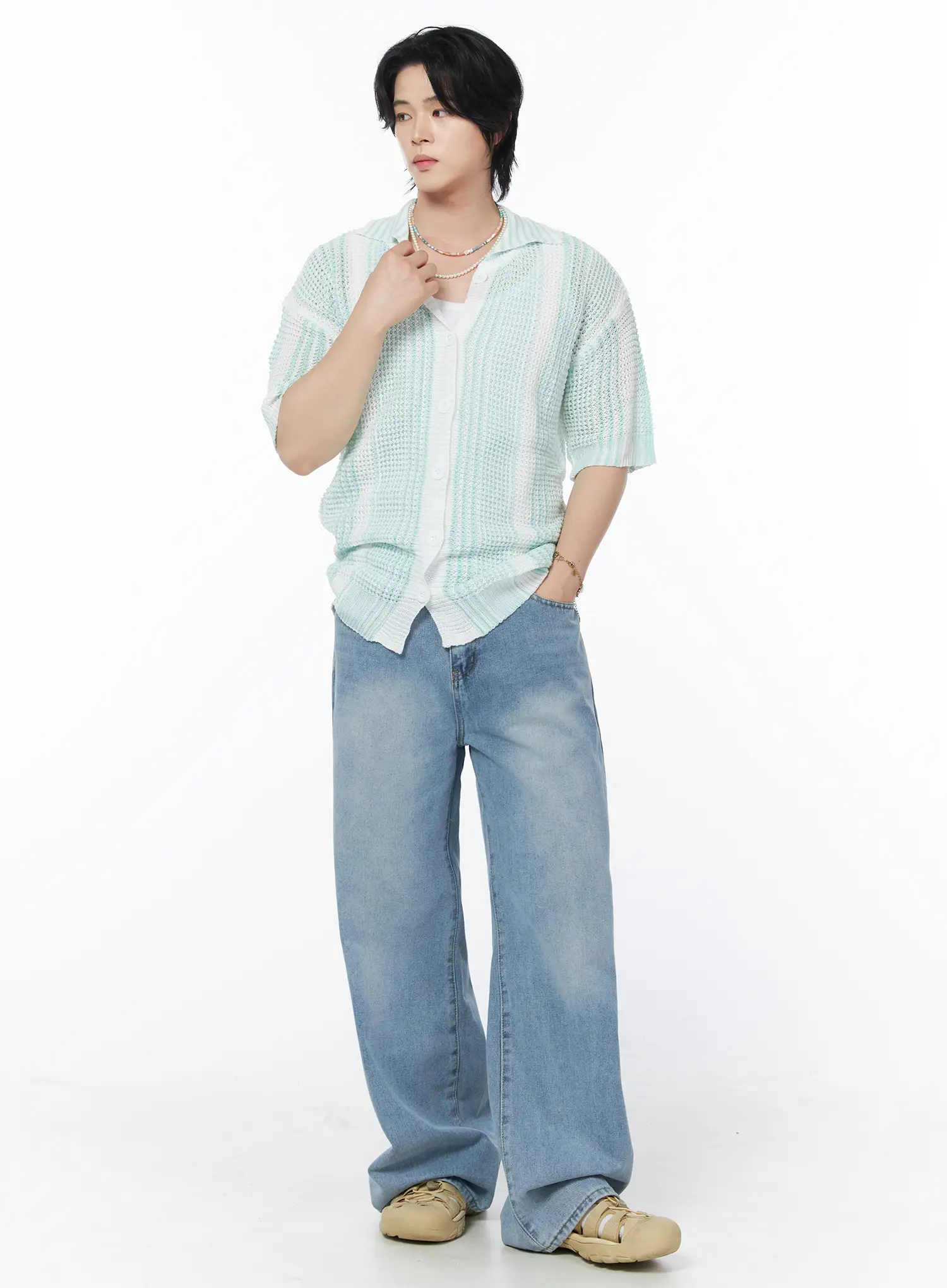 Men's Striped Short Sleeve Knit Cardigan IY525 - Image 8