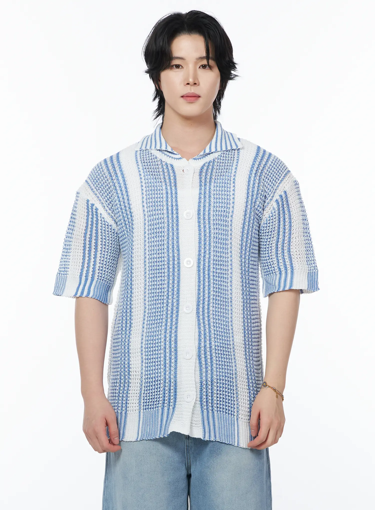 Men's Striped Short Sleeve Knit Cardigan IY525 - Image 9