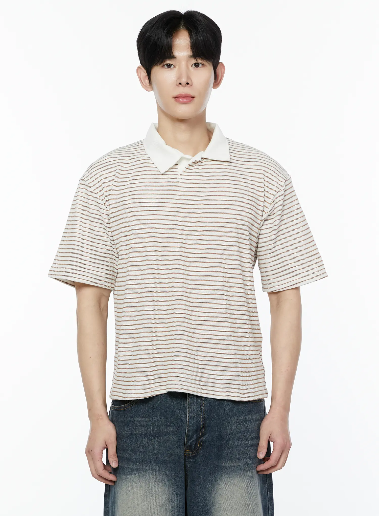 Men's Striped Waffle Knit Polo Shirt IA530 - Image 7