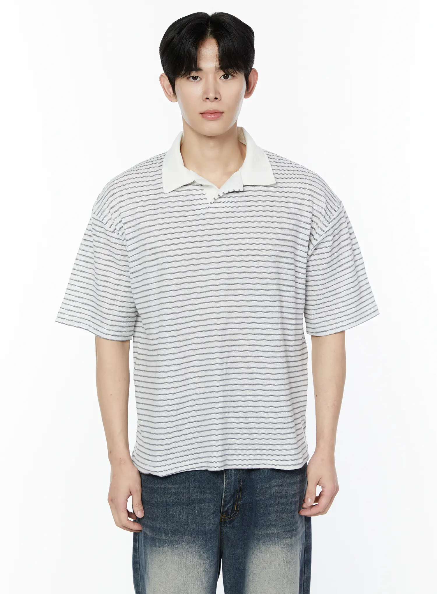 Men's Striped Waffle Knit Polo Shirt IA530 - Image 8
