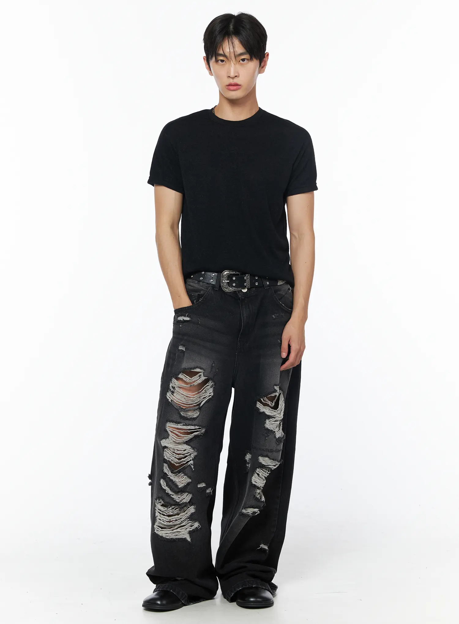 Men's Vintage Distressed Baggy Jeans (Black) IU510 - Image 13