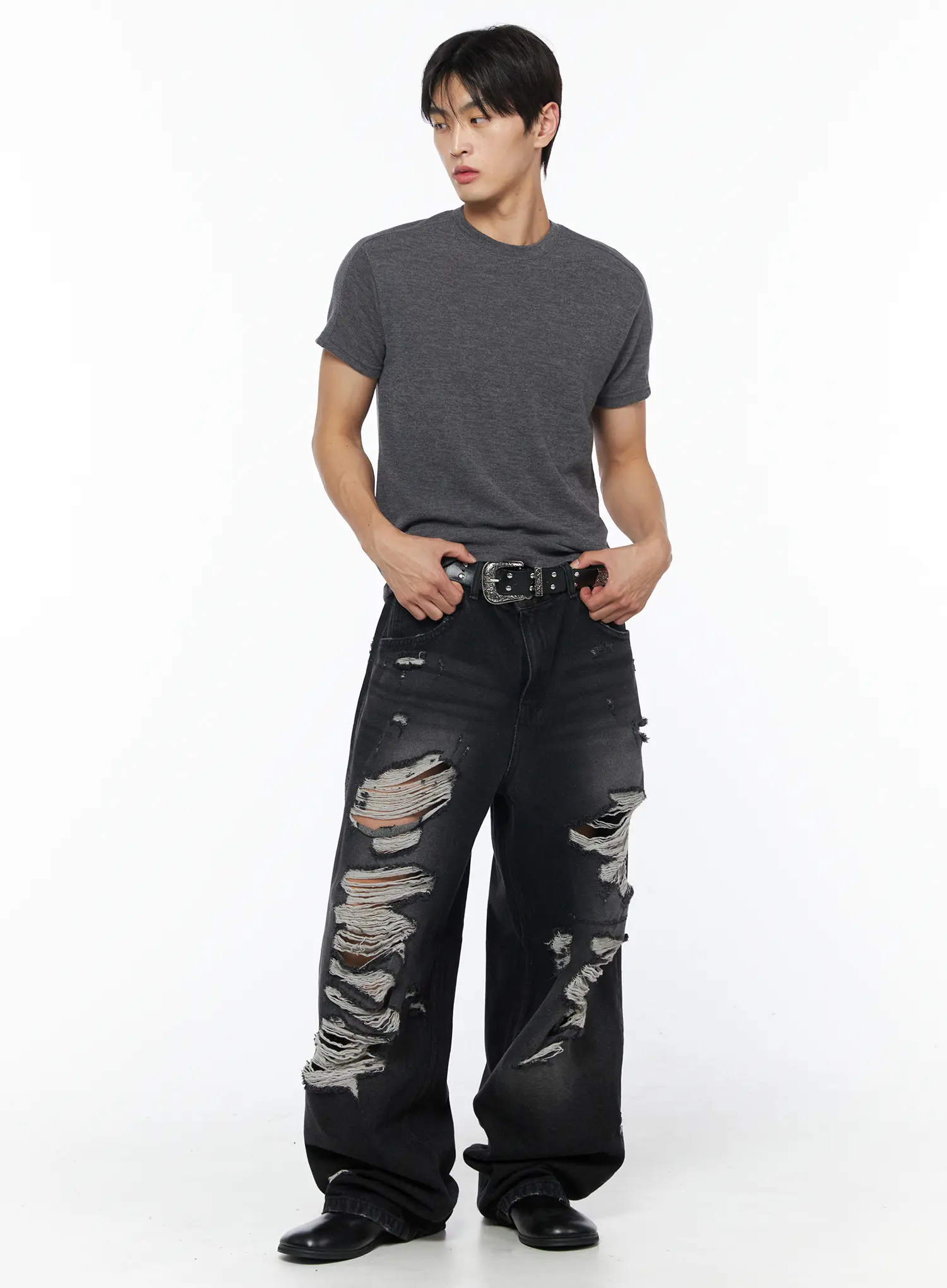 Men's Vintage Distressed Baggy Jeans (Black) IU510 - Image 3
