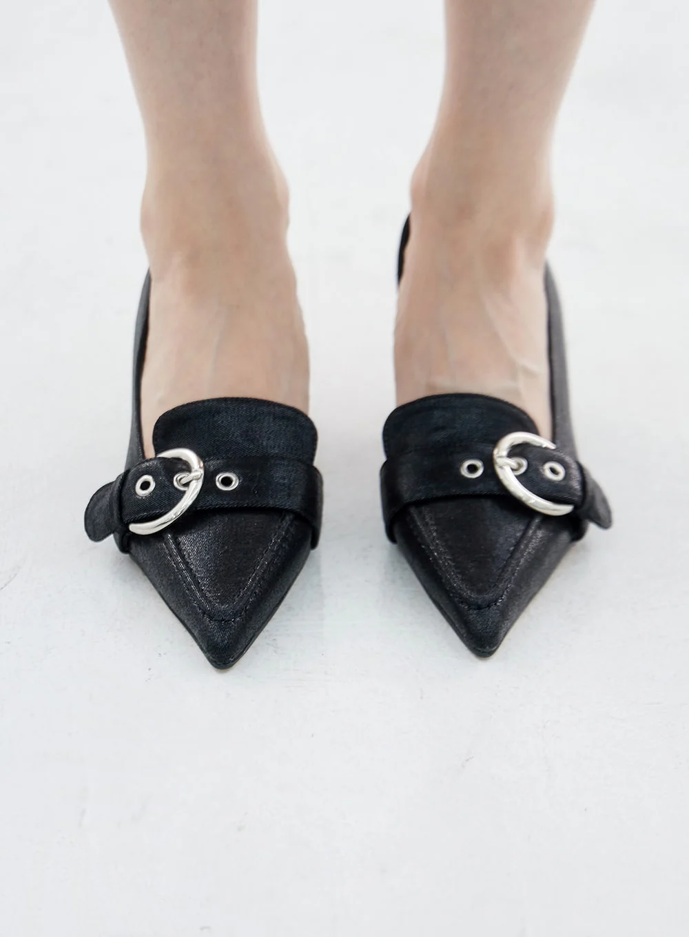 Metal Buckle Faux Leather Low Stiletto Heel Shoes OO05 - Image 3