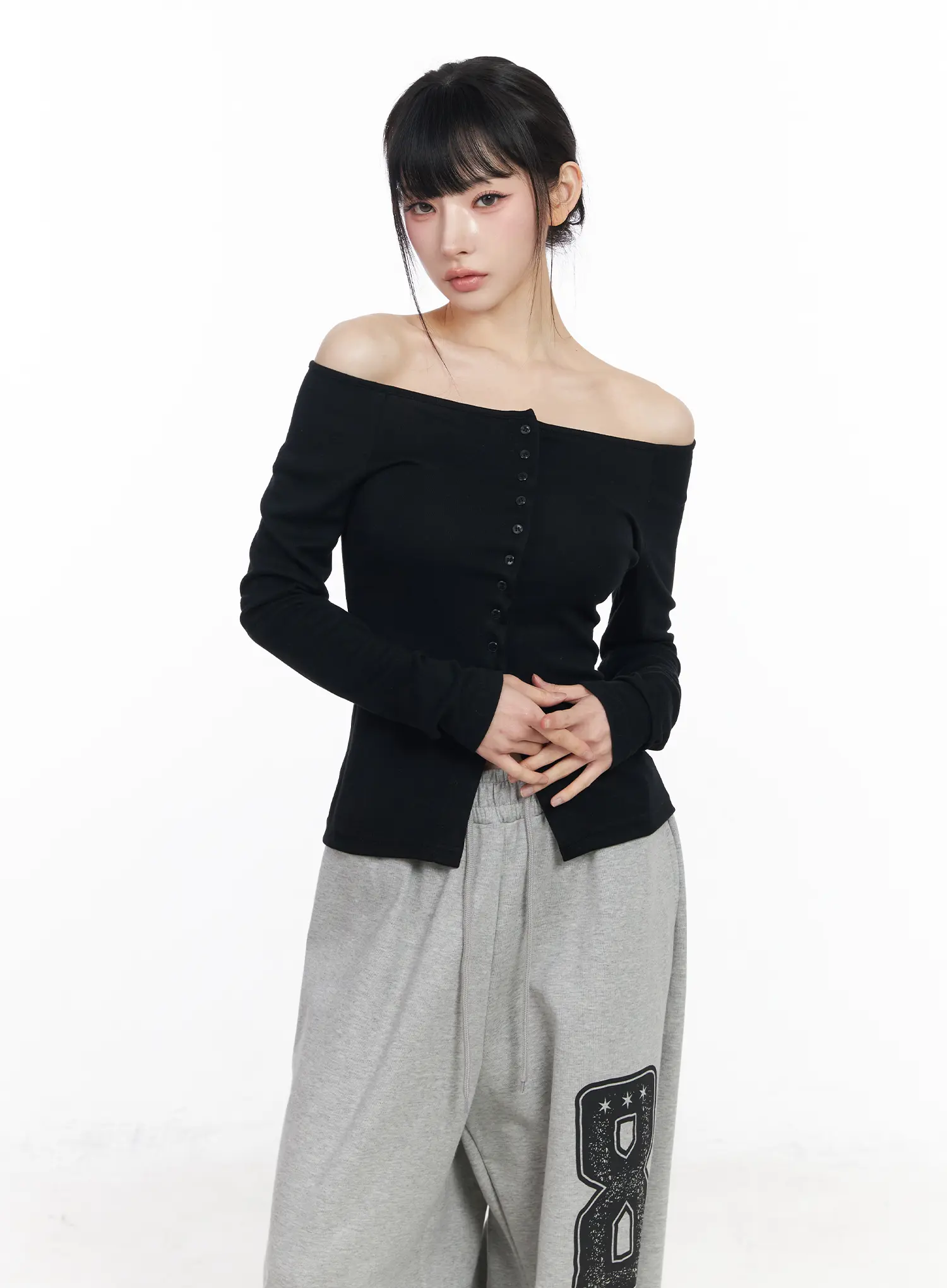 Off-Shoulder Button-Up Long Sleeve Top CF518 - Image 2