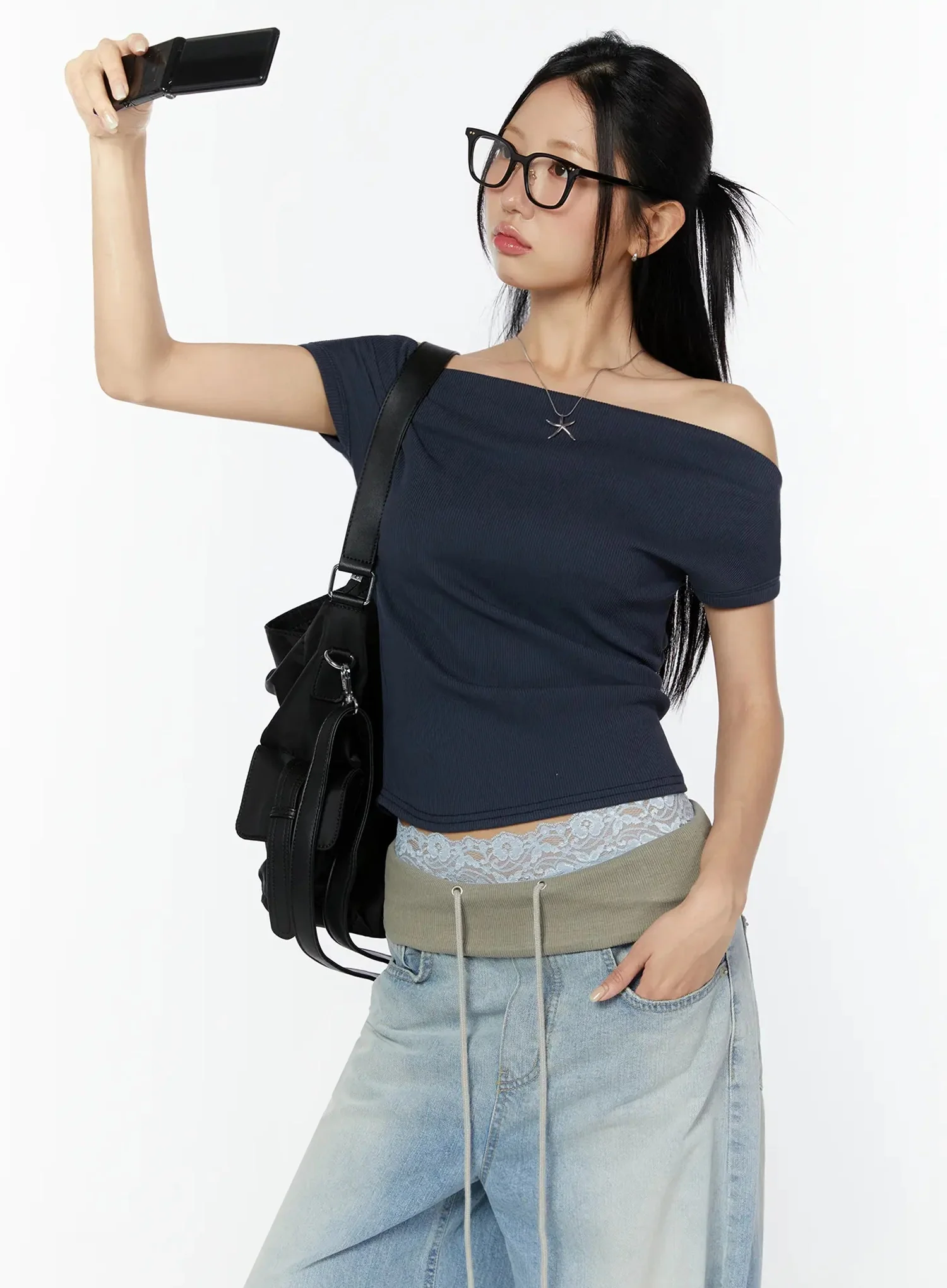 Off-Shoulder Ribbed Short Sleeve Top IU524