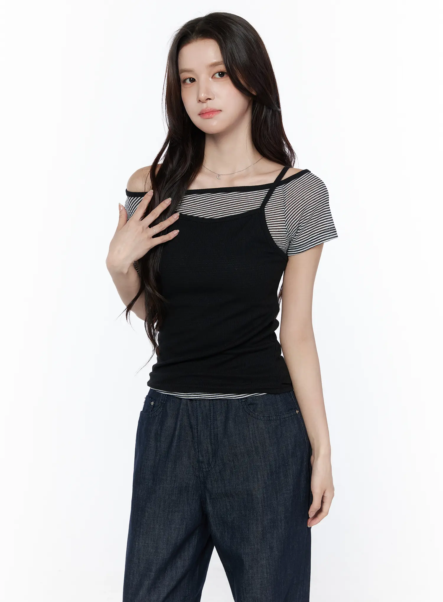 Off-Shoulder Stripe Tee and Cami Top Set CU522 - Image 2
