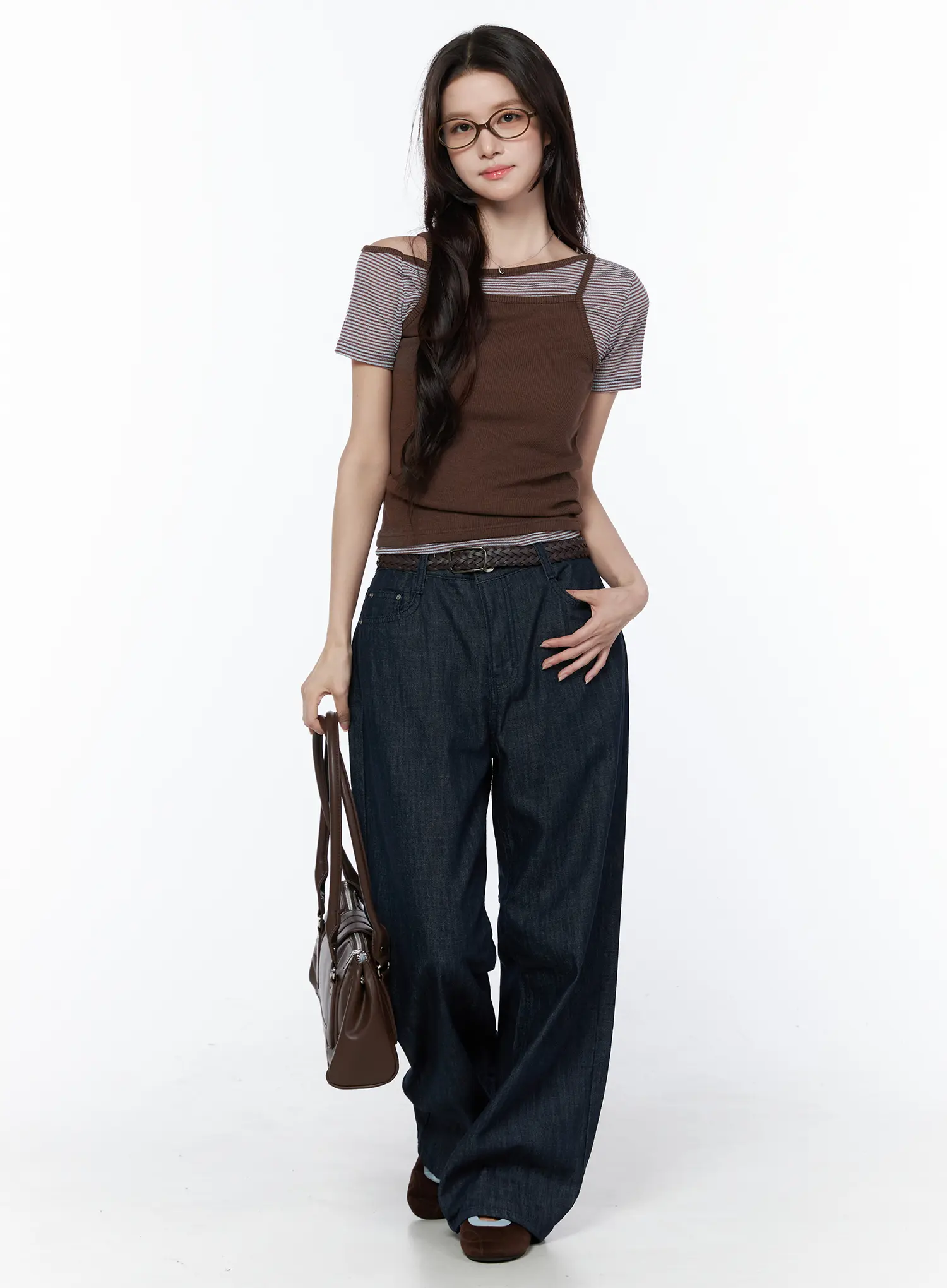 Off-Shoulder Stripe Tee and Cami Top Set CU522 - Image 3