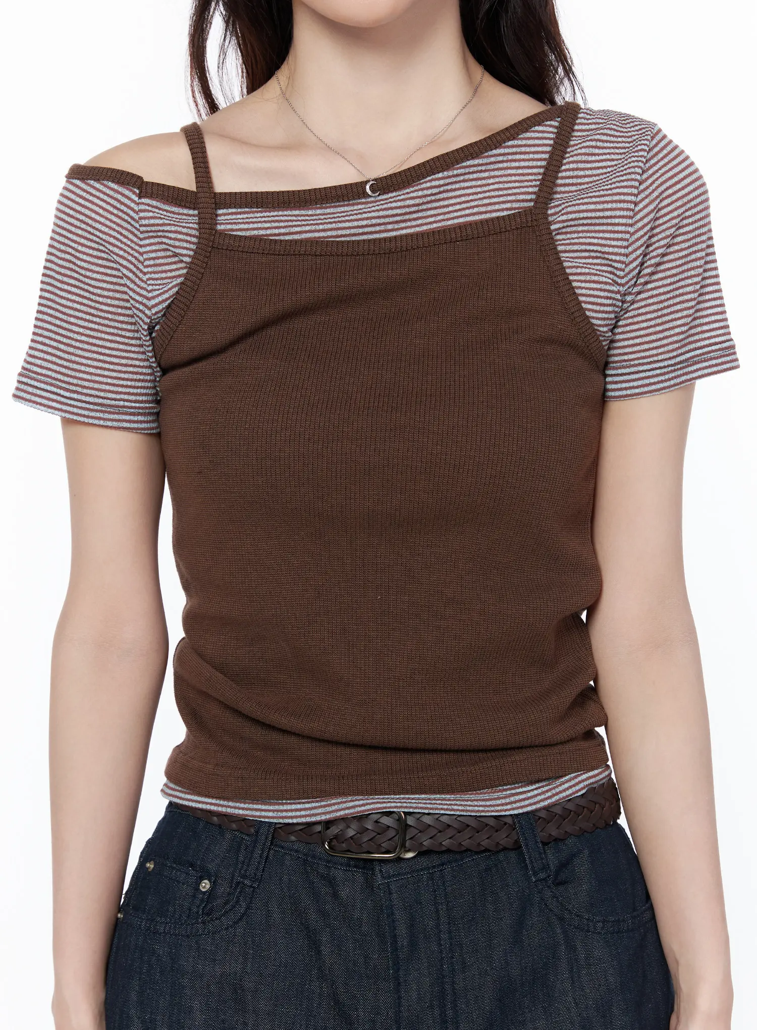 Off-Shoulder Stripe Tee and Cami Top Set CU522 - Image 4