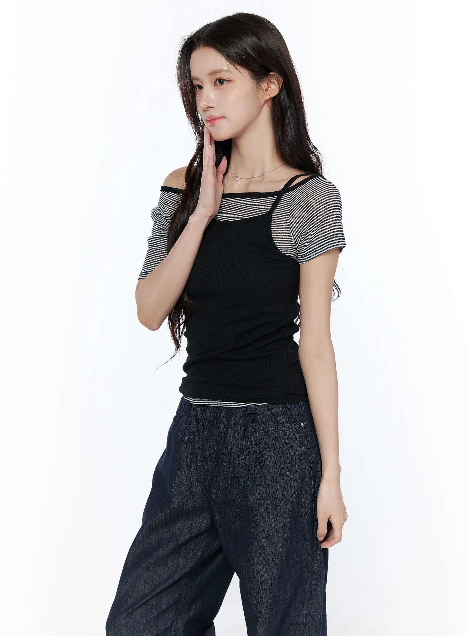 Off-Shoulder Stripe Tee and Cami Top Set CU522 - Image 7