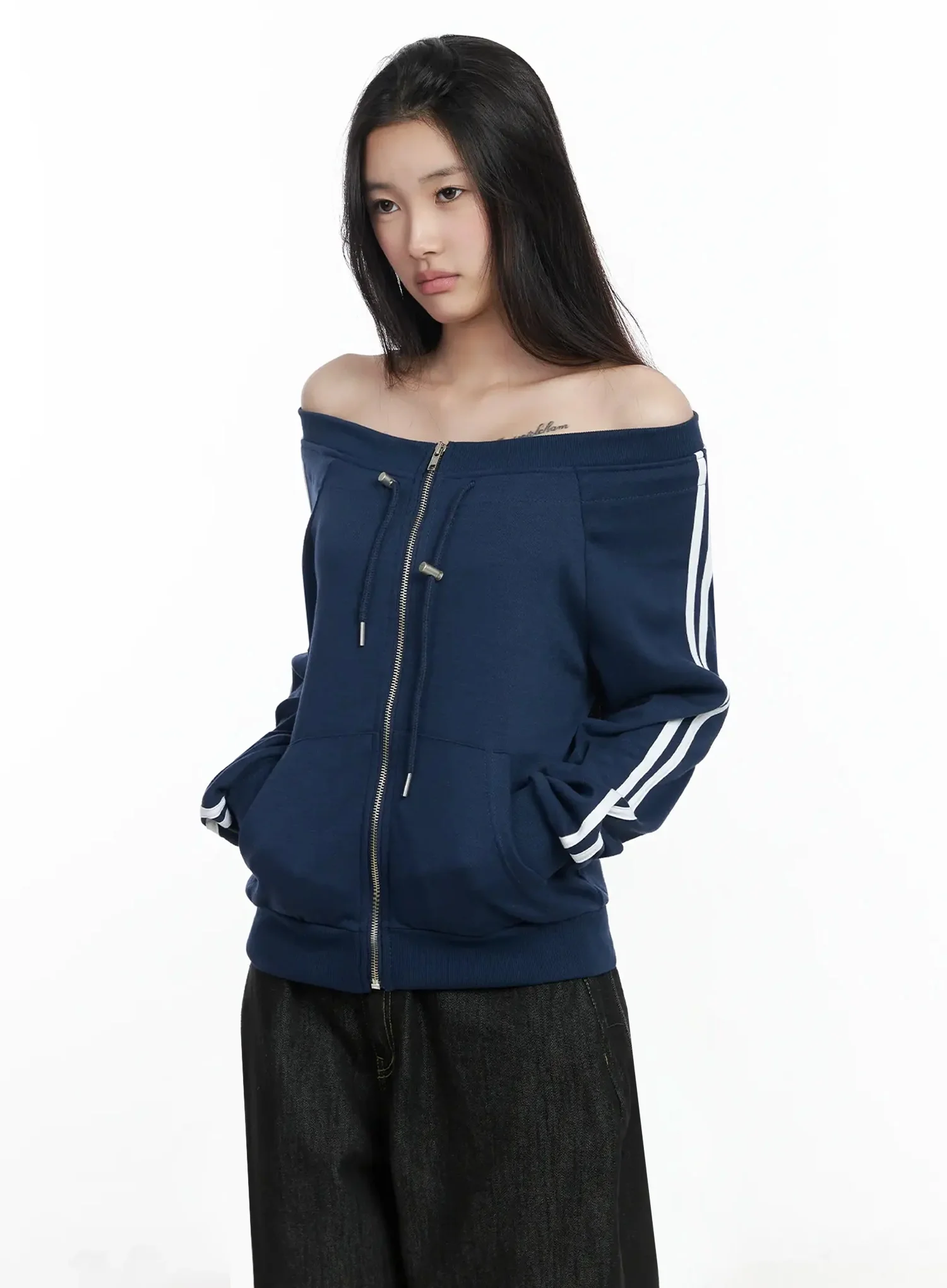 Off-Shoulder Track Zip-Up Sweatshirt IM506 - Image 14