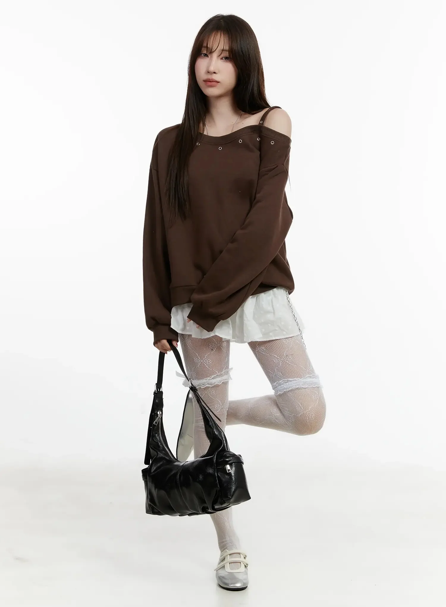 One-Shoulder Eyelet Sweatshirt ID525 - Image 2