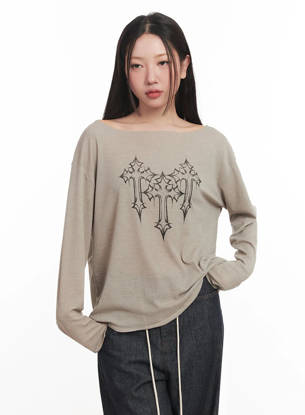 One-Shoulder Sheer Long-Sleeve Graphic Top IM528 - Image 12