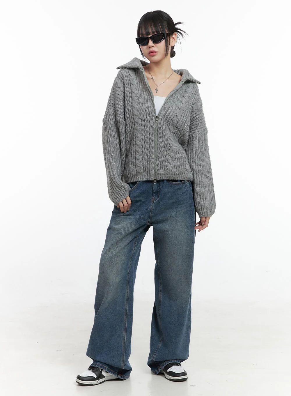Oversized Cable Knit Zip-Up Sweater OS410 - Image 3