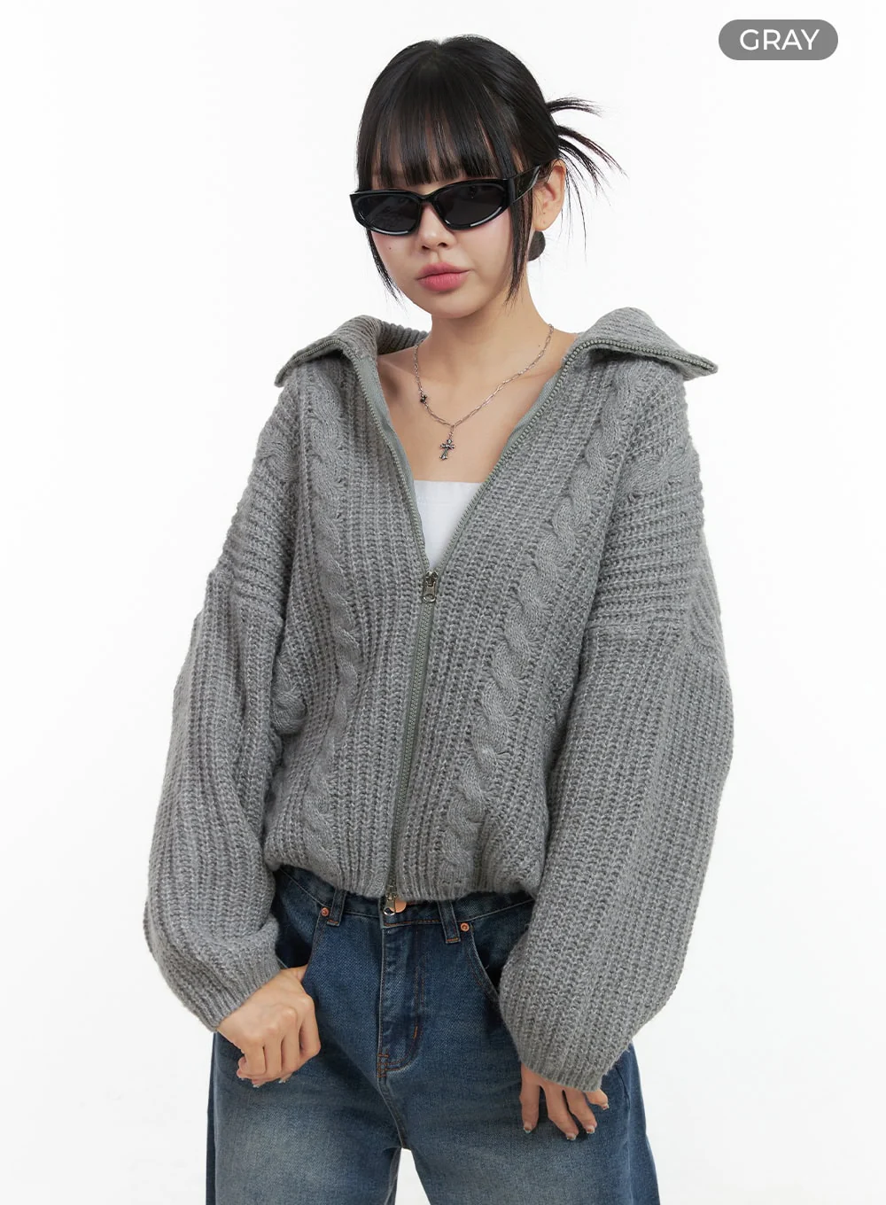 Oversized Cable Knit Zip-Up Sweater OS410 - Image 7