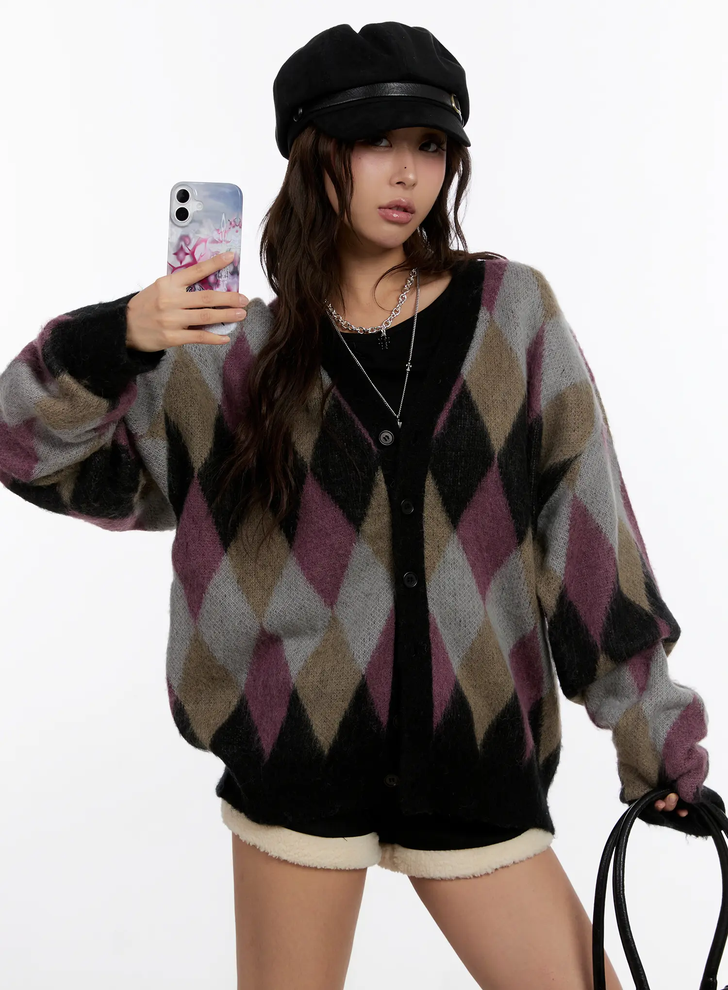 Oversized Multi Color Argyle Knit Cardigan CN527