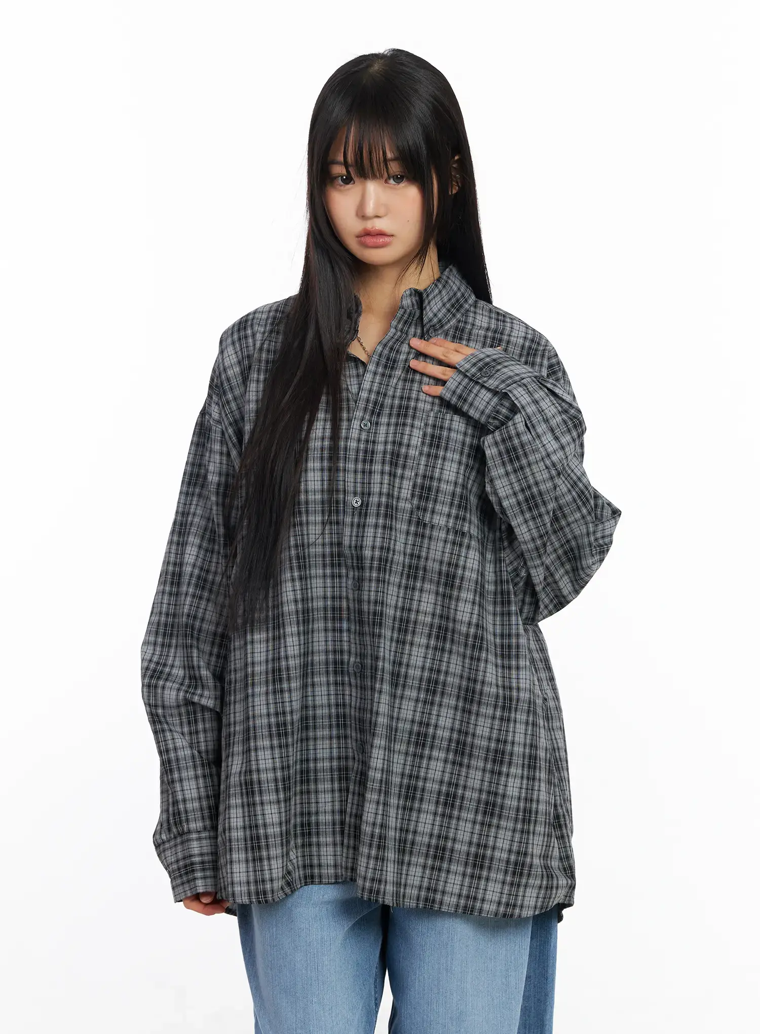 Oversized Plaid Long Sleeve Shirt CF506 - Image 6