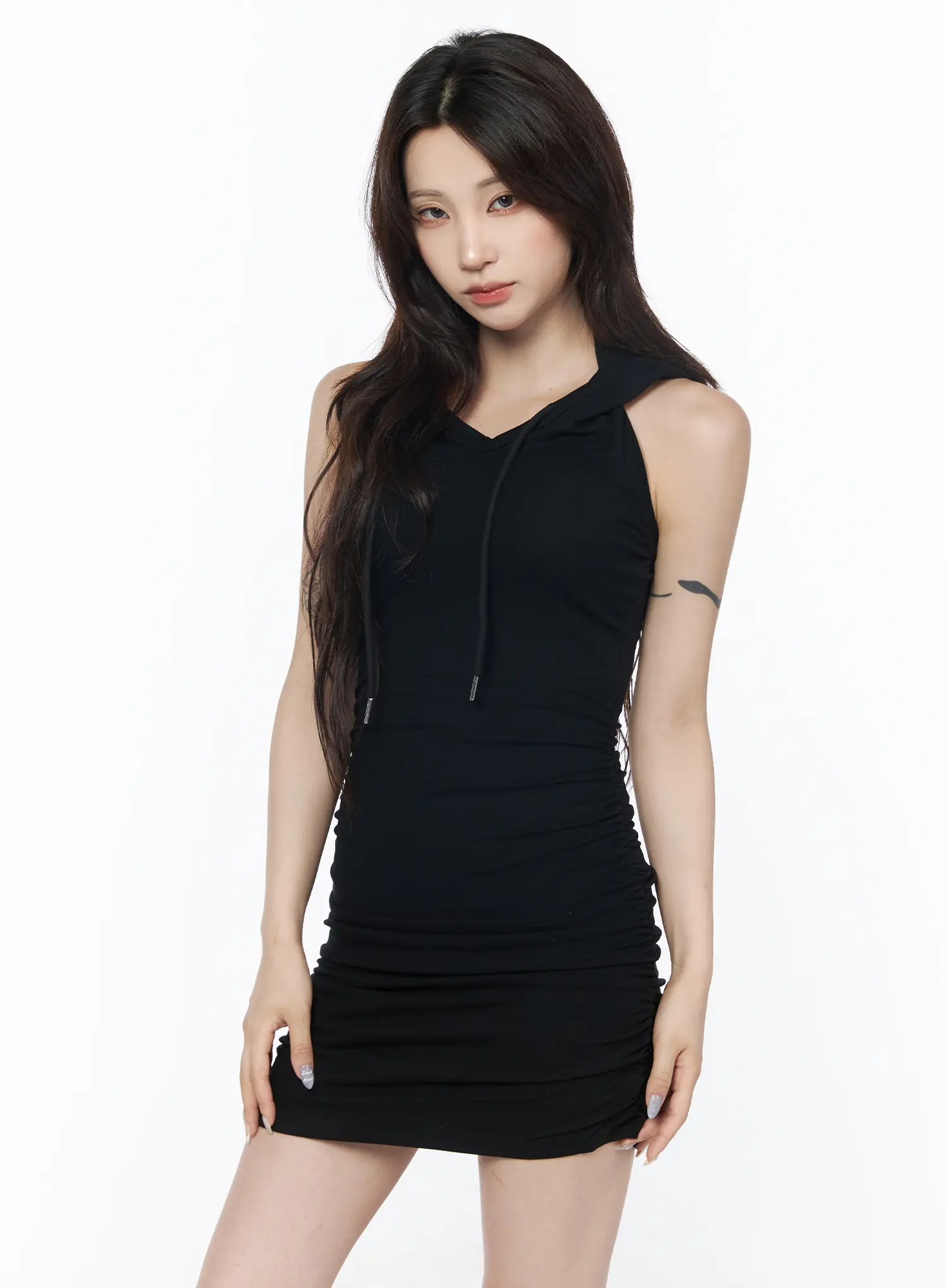 Padded Hooded Ruched Bodycon Mini Dress CU504 - Image 9