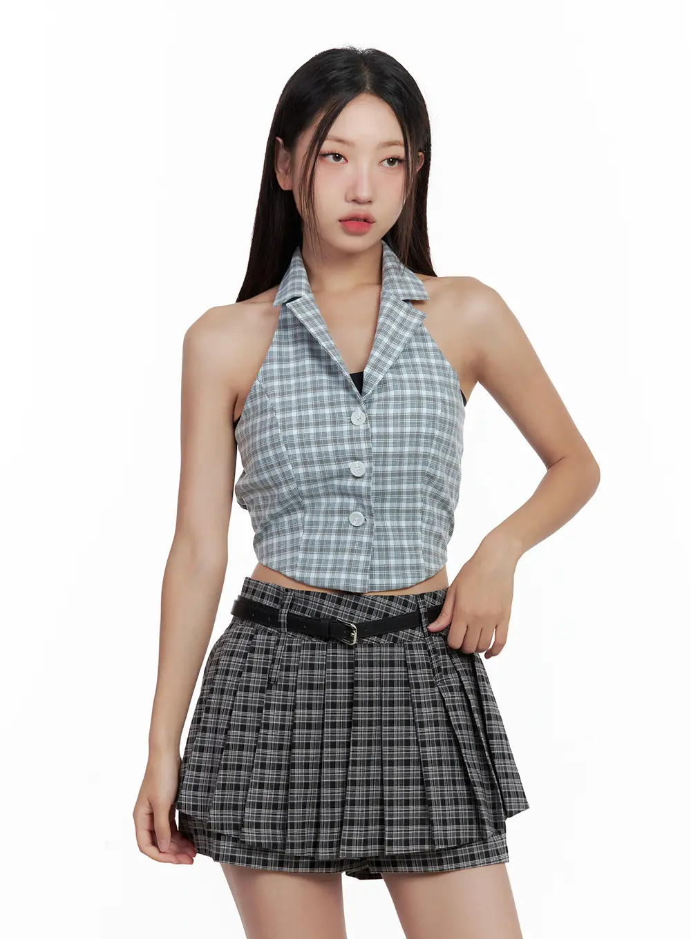 Plaid Button Halter Tank CL508 - Image 12