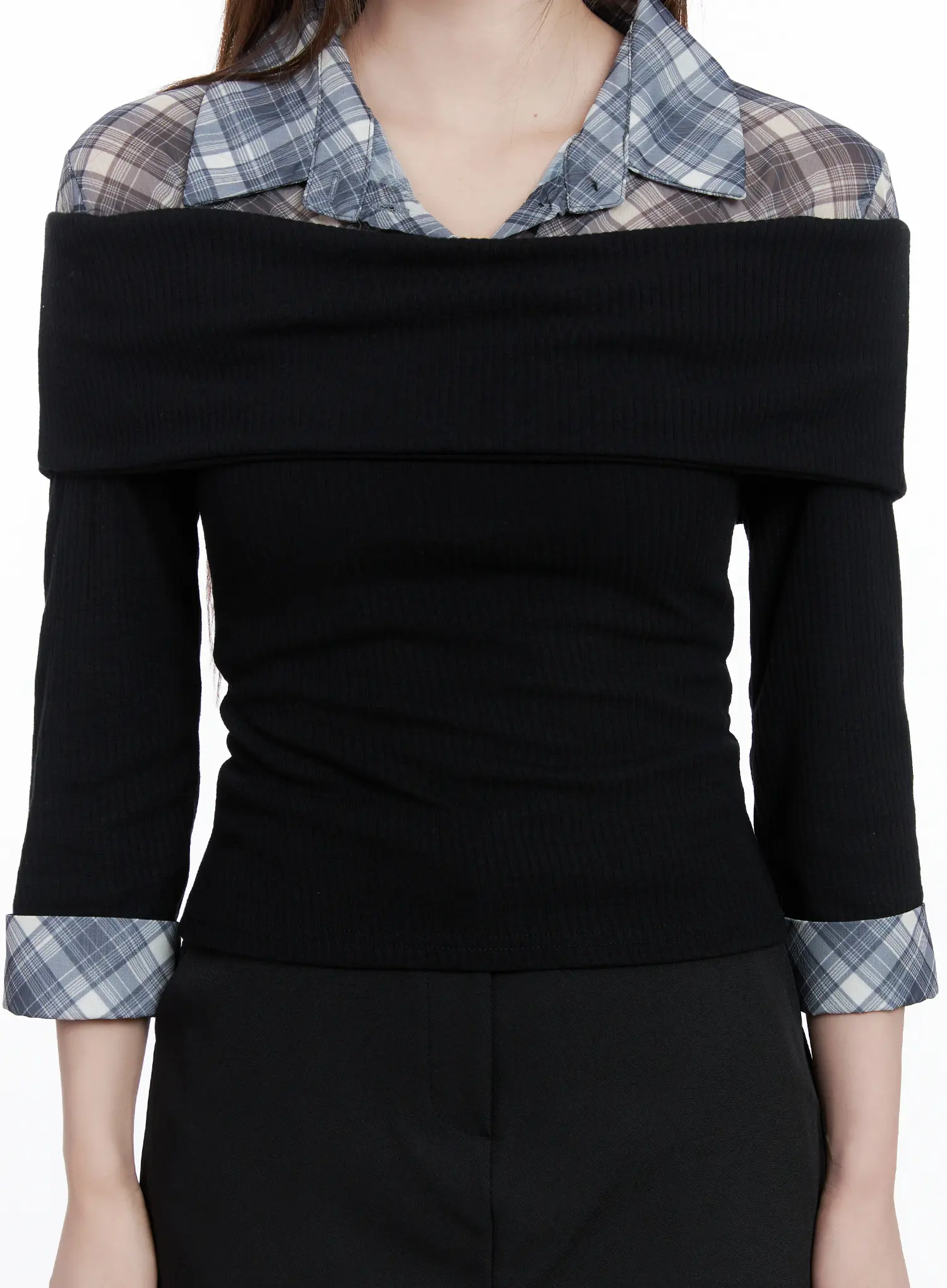 Plaid Collar Layered Long Sleeve Top CG529 - Image 4