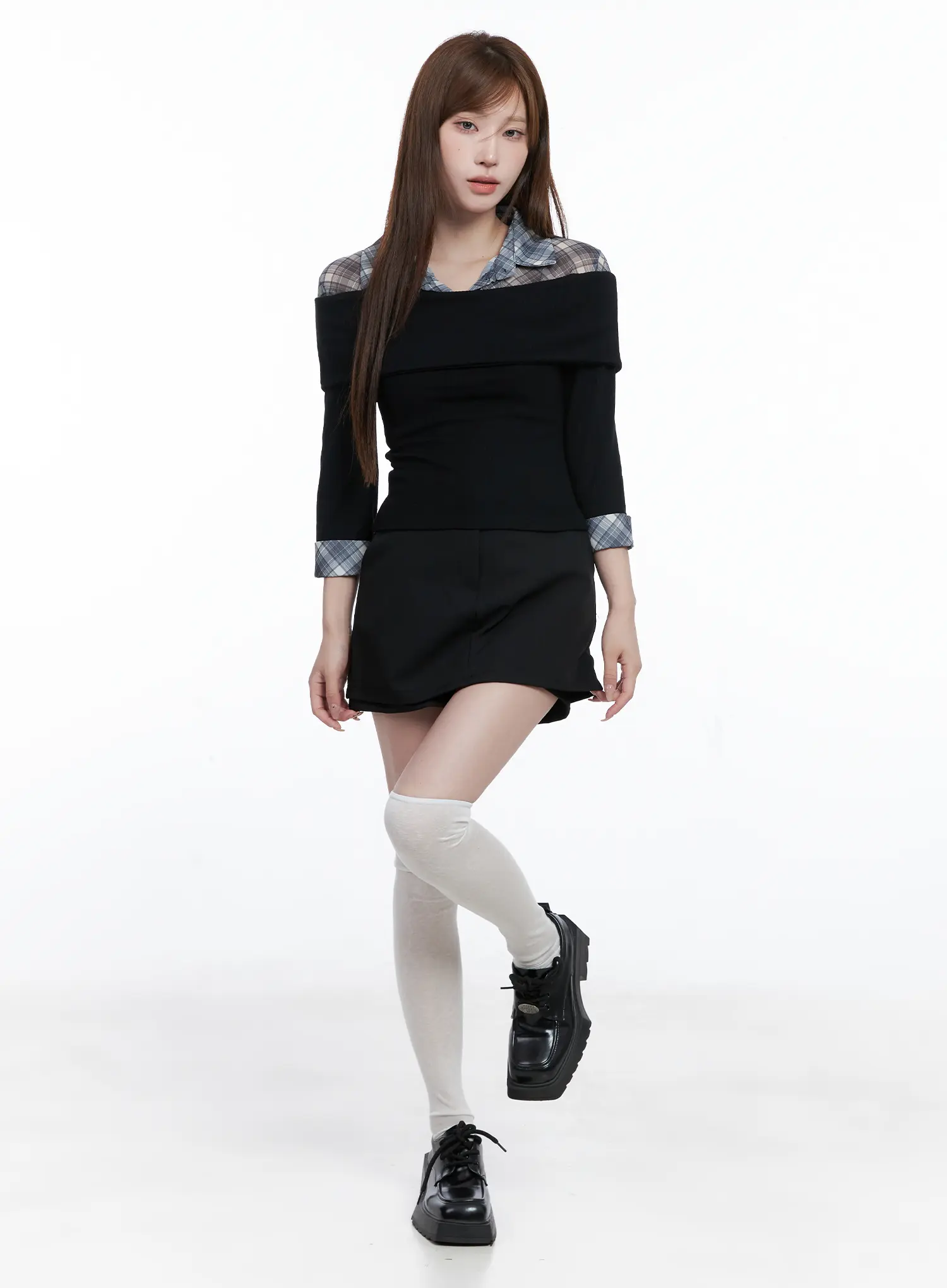 Plaid Collar Layered Long Sleeve Top CG529 - Image 6