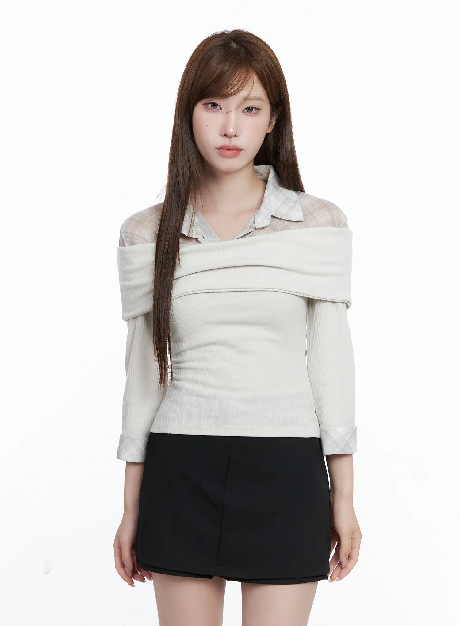 Plaid Collar Layered Long Sleeve Top CG529 - Image 8